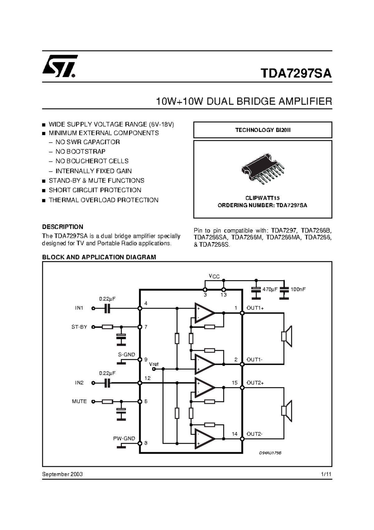 TDA7297SA - Tda7297 audio - 1/ September 2003 n WIDE SUPPLY VOLTAGE ...