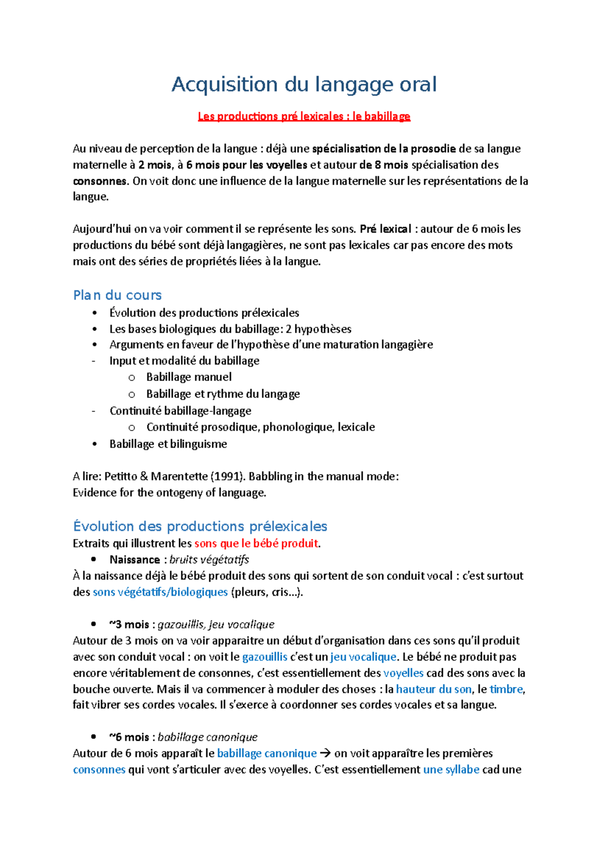 Acquisition Du Langage Oral Cours 4 Les Productions Pre Lexicales Studocu