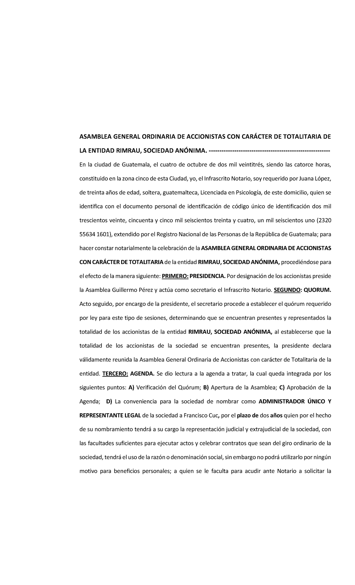 Acta De Asamblea Para Nombramiento Asamblea General Ordinaria De