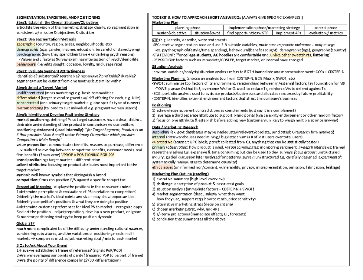 COMM 296 midterm cheat sheet - SEGMENTATION, TARGETING, AND POSITIONING ...