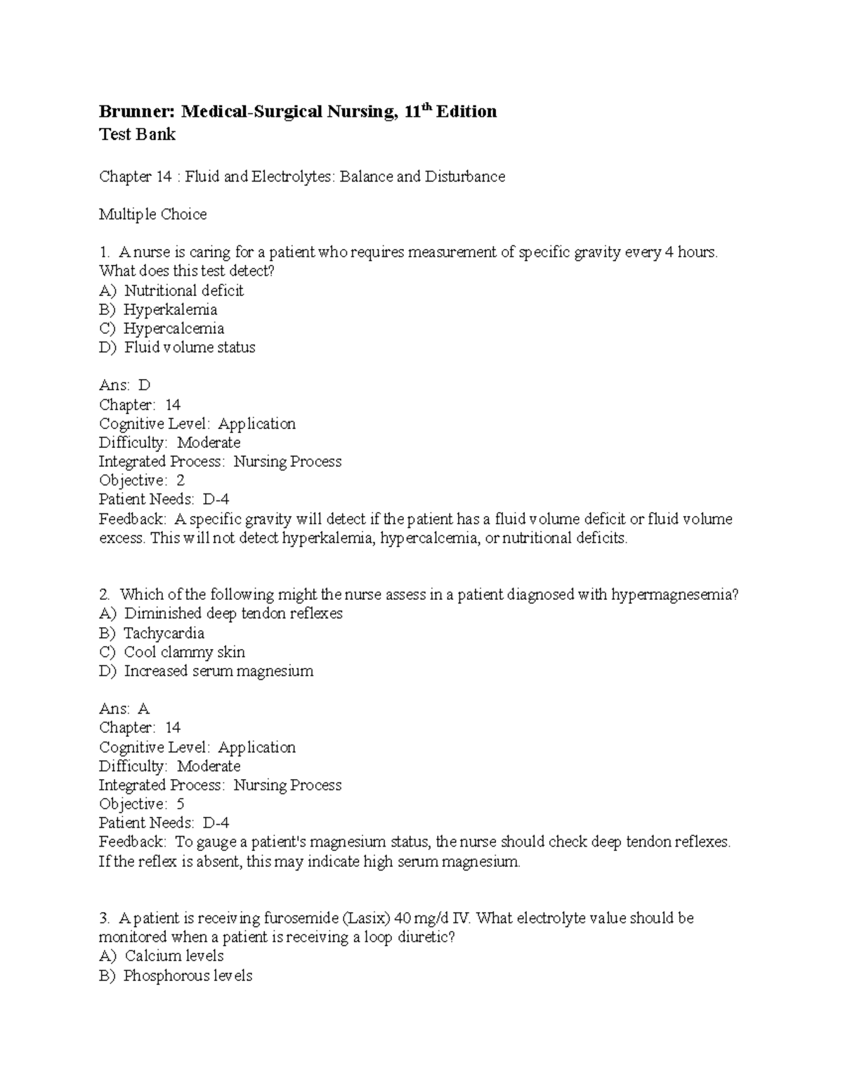 Chapter 14 Fluid and Electrolytes Test Bank Brunner Medical
