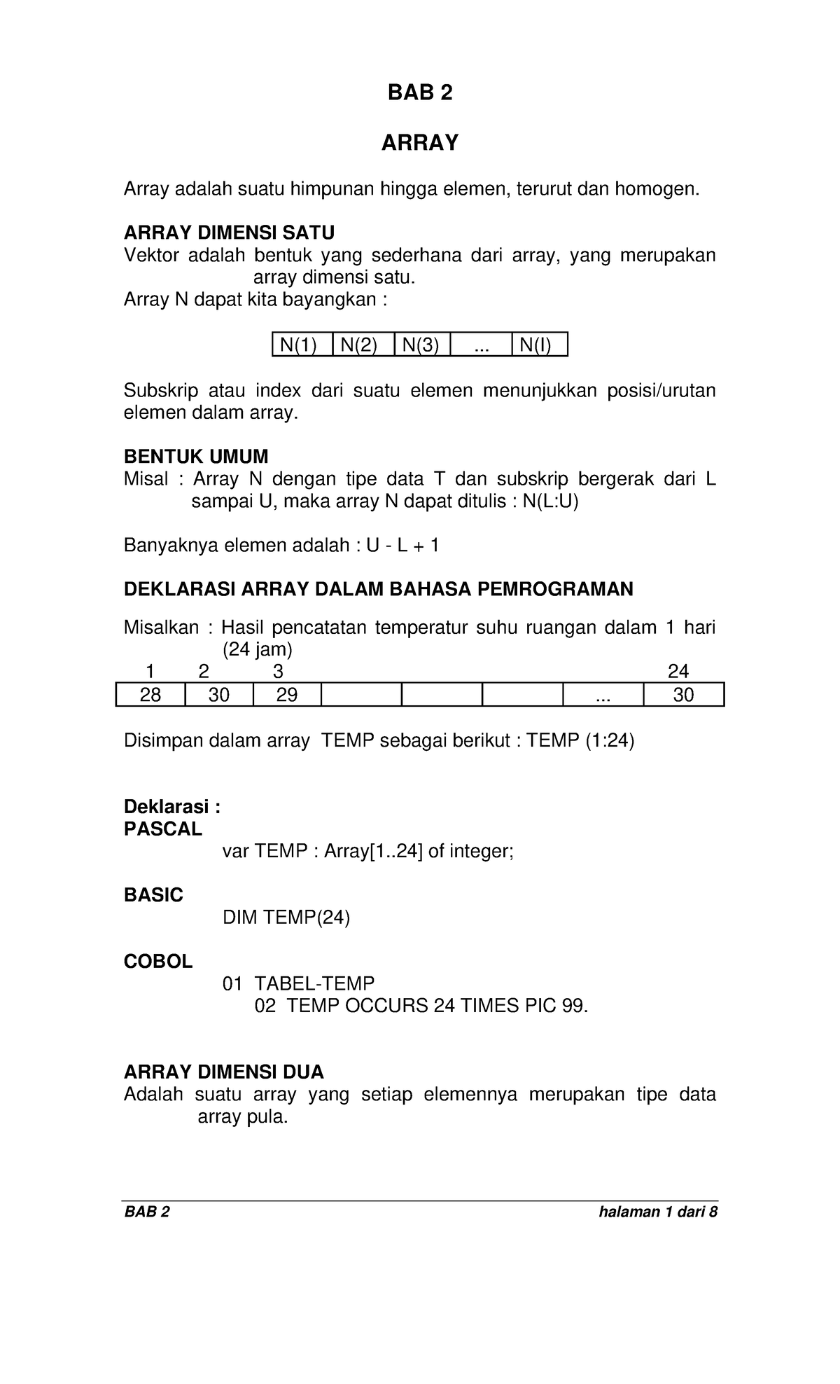 Bab Transparan Struktur Data Bab Array Array Adalah Suatu Himpunan Hingga Elemen