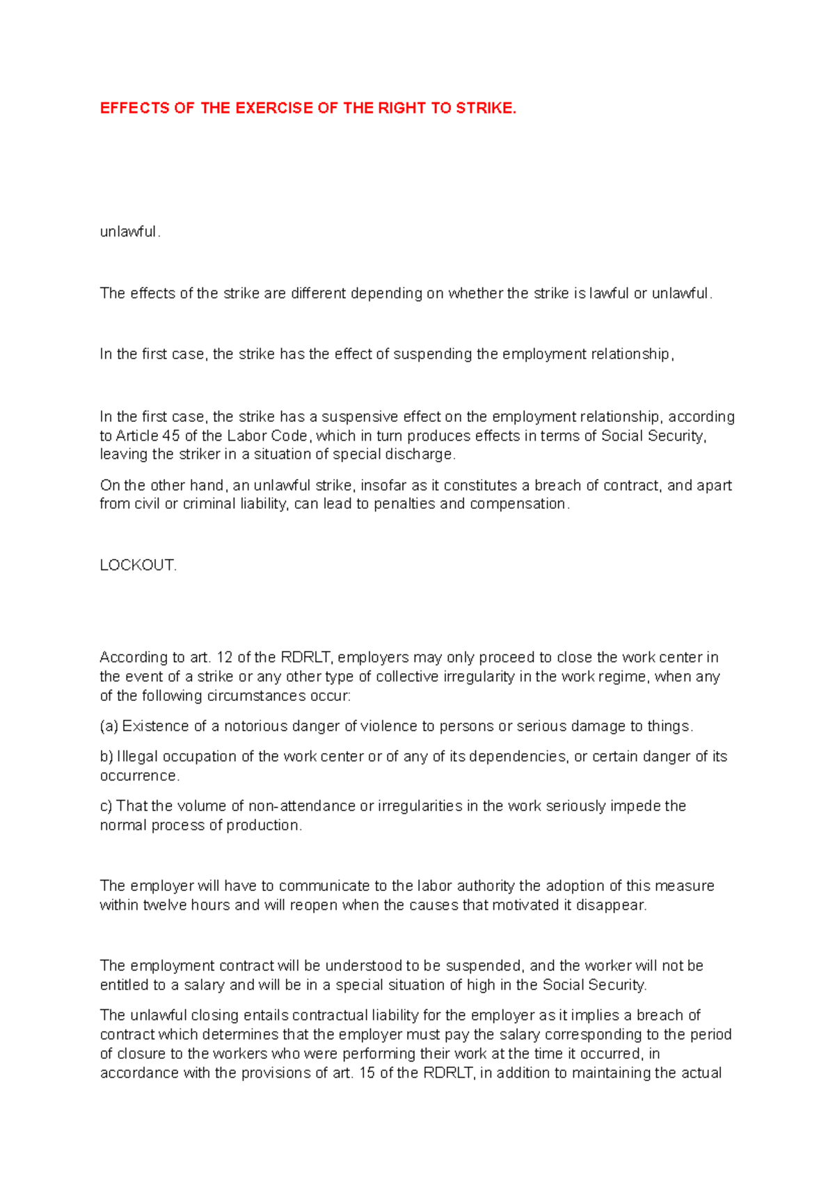 Labor LAW. Social WORK. Chapter TWO 6 EFFECTS OF THE EXERCISE OF THE