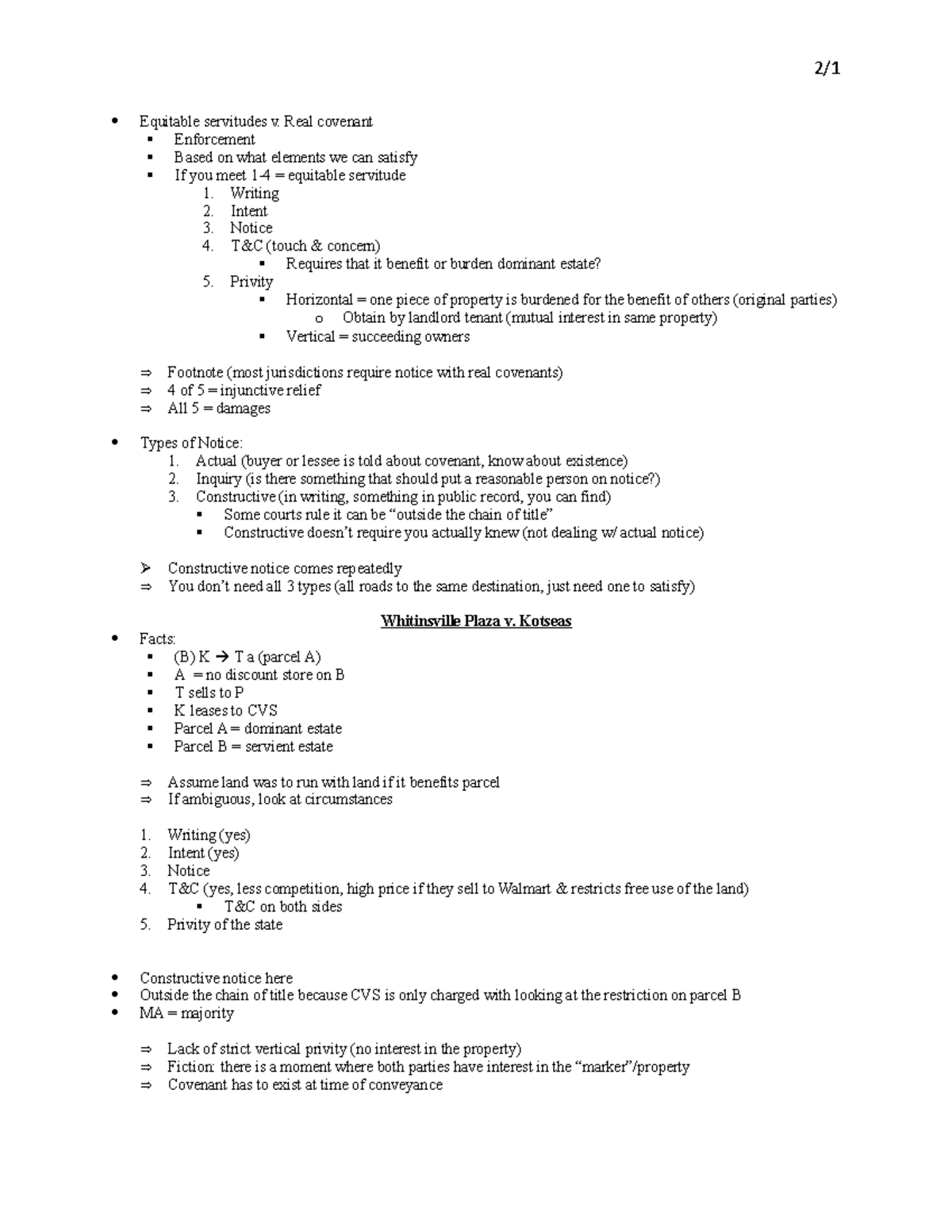 2:1 class - Property Notes - 2/ Equitable servitudes v. Real covenant ...