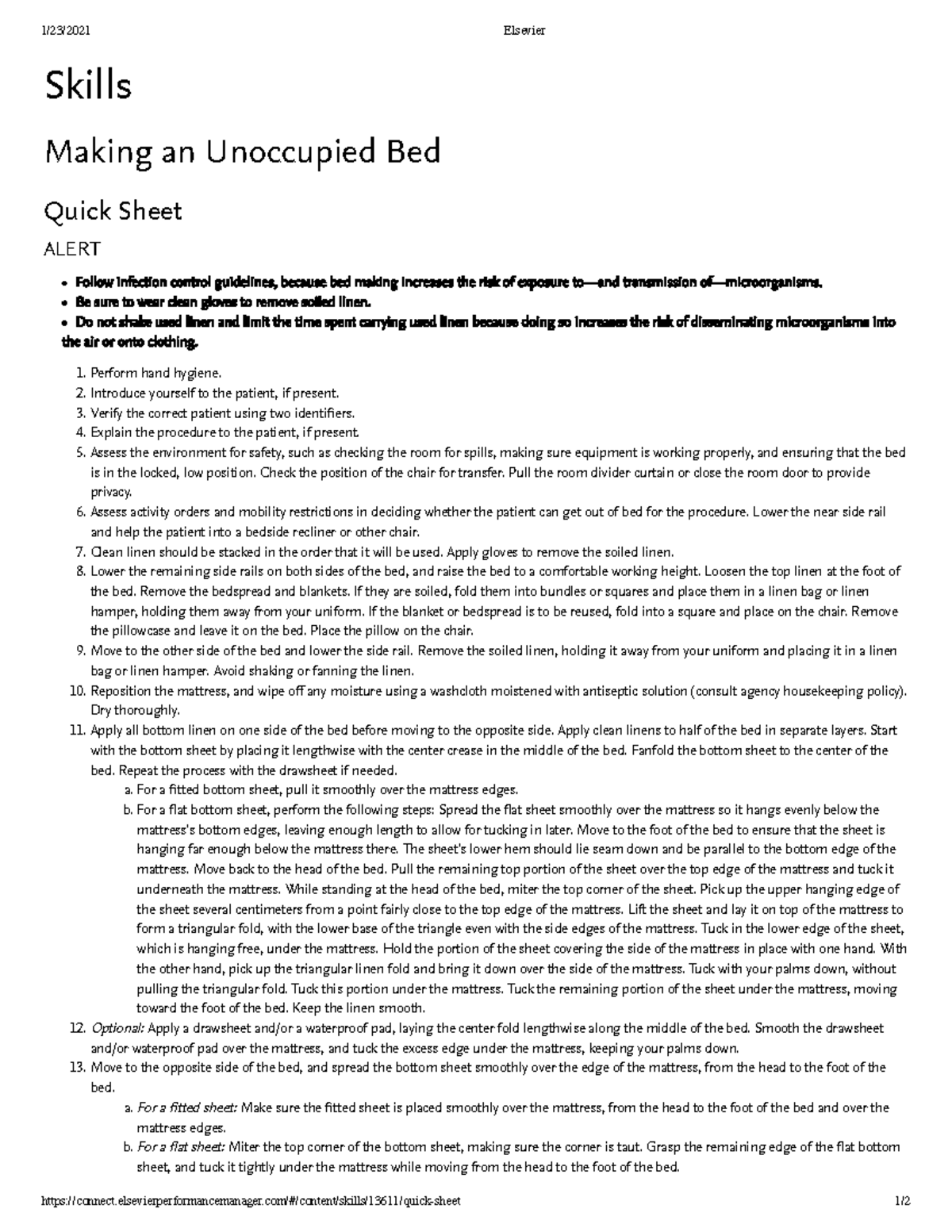 Quicksheet Make an Unoccupied Bed 1/23/2021 Elsevier Studocu