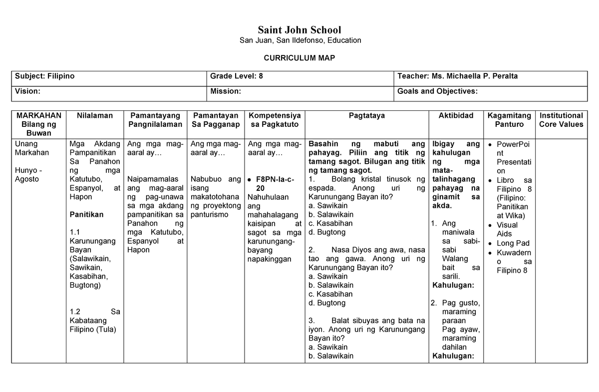 Grade 8 Filipino Curriculum Map Eductaion Studocu