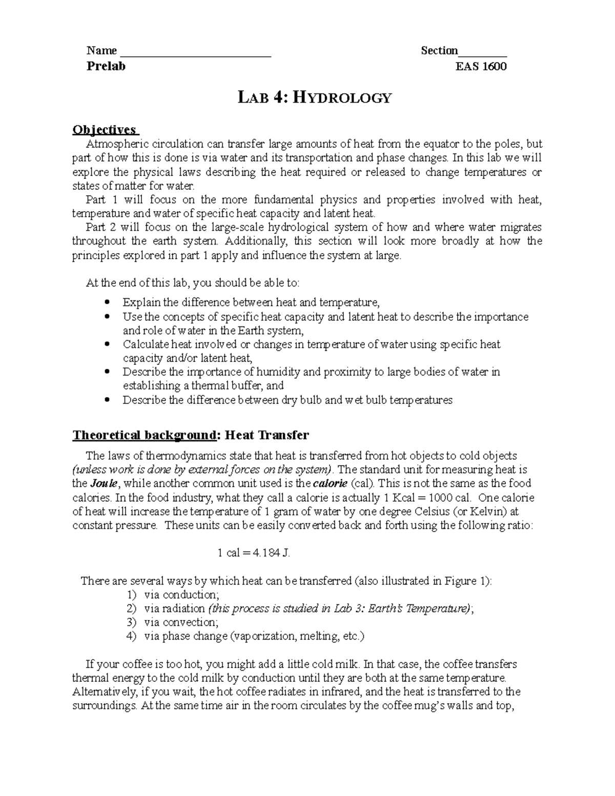 Lab 4 Hydrology Prelab - Name _________________________ Section ...