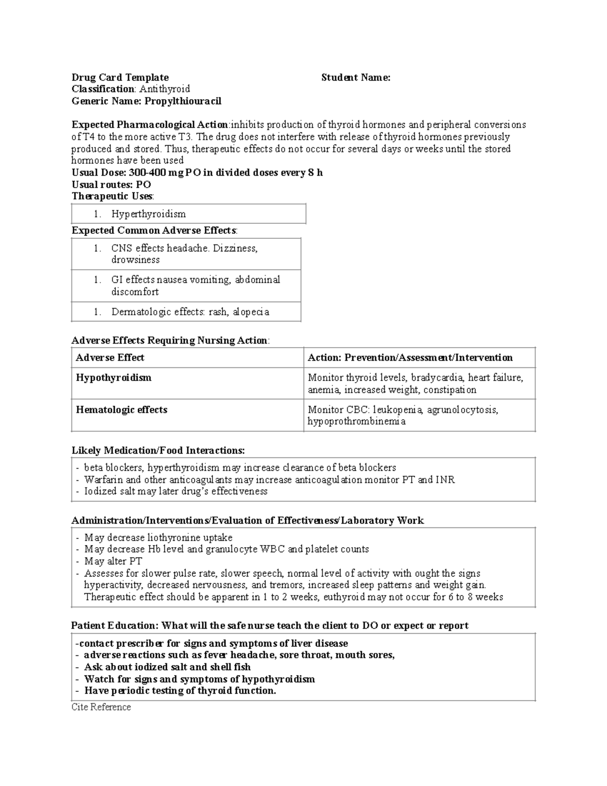 Propylthiouracil Drug Card Template Student Name Classification