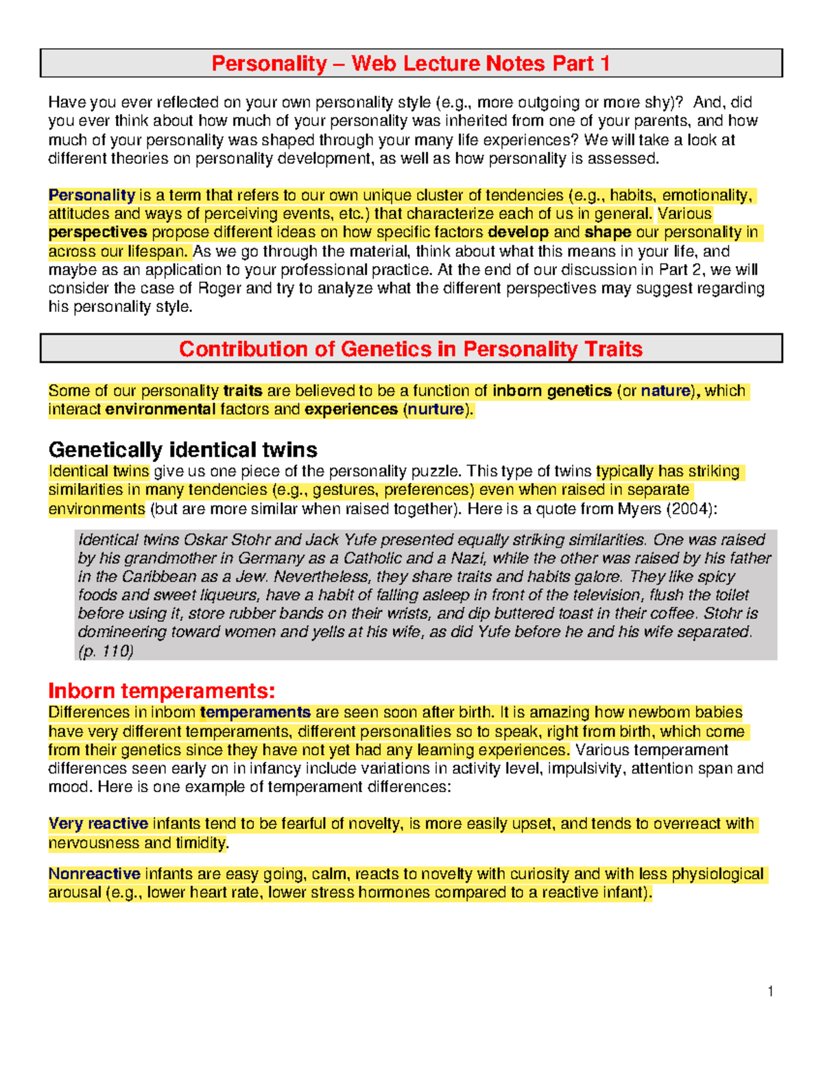 Personality Part 1 - Lecture notes 1 - PSYC 1200 - KPU - Studocu