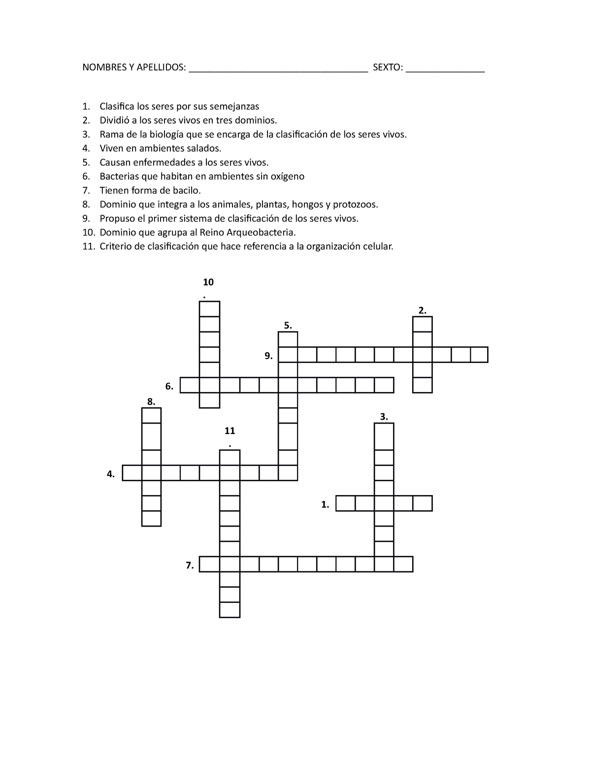 Crucigrama Clasificacion Seres Vivos Nombres Y Apellidos