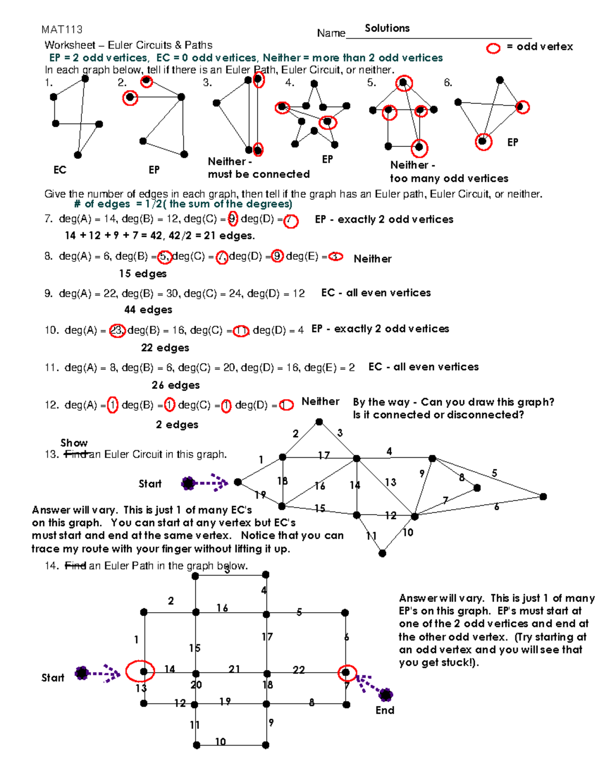 Euler Circuits and Paths Worksheet Study Guide - Discrete Math  Name_______________________________ - Studocu