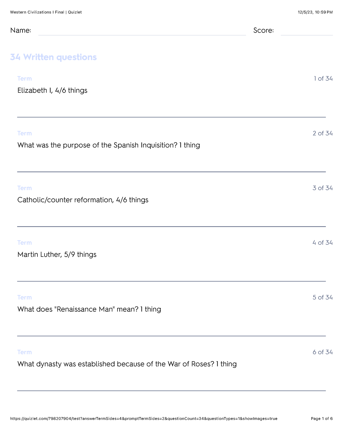 Western Civilizations I Final Quizlet - Name: Score: 34 Written ...