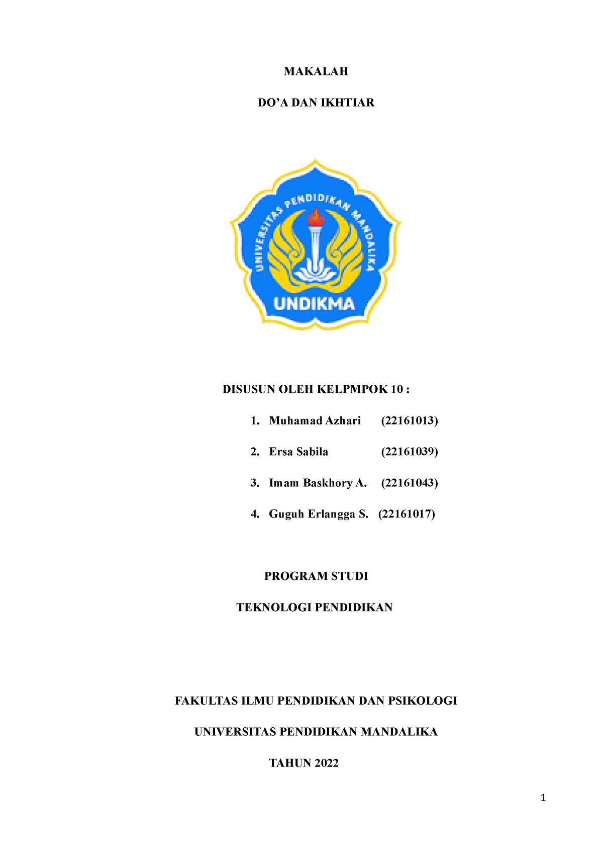 Makalah Agama Kelompok 10 Makalah Doa Dan Ikhtiar Disusun Oleh Kelpmpok 10 Muhamad Azhari 