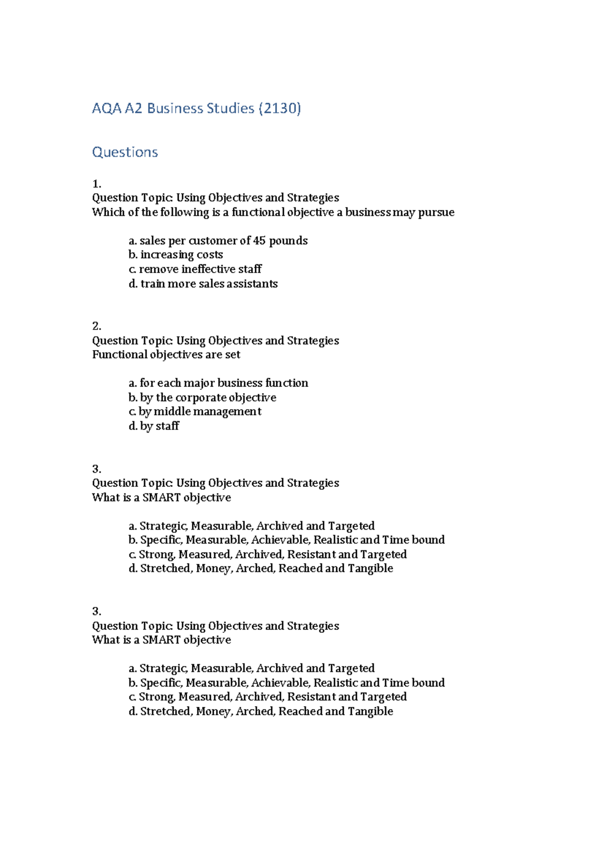 AQA A2 Business Studies Questions No Answers - AQA A2 Business Studies ...