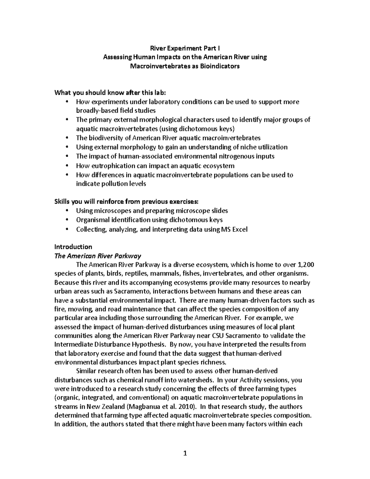 River Experiment Part 1 River Experiment Part I Assessing Human