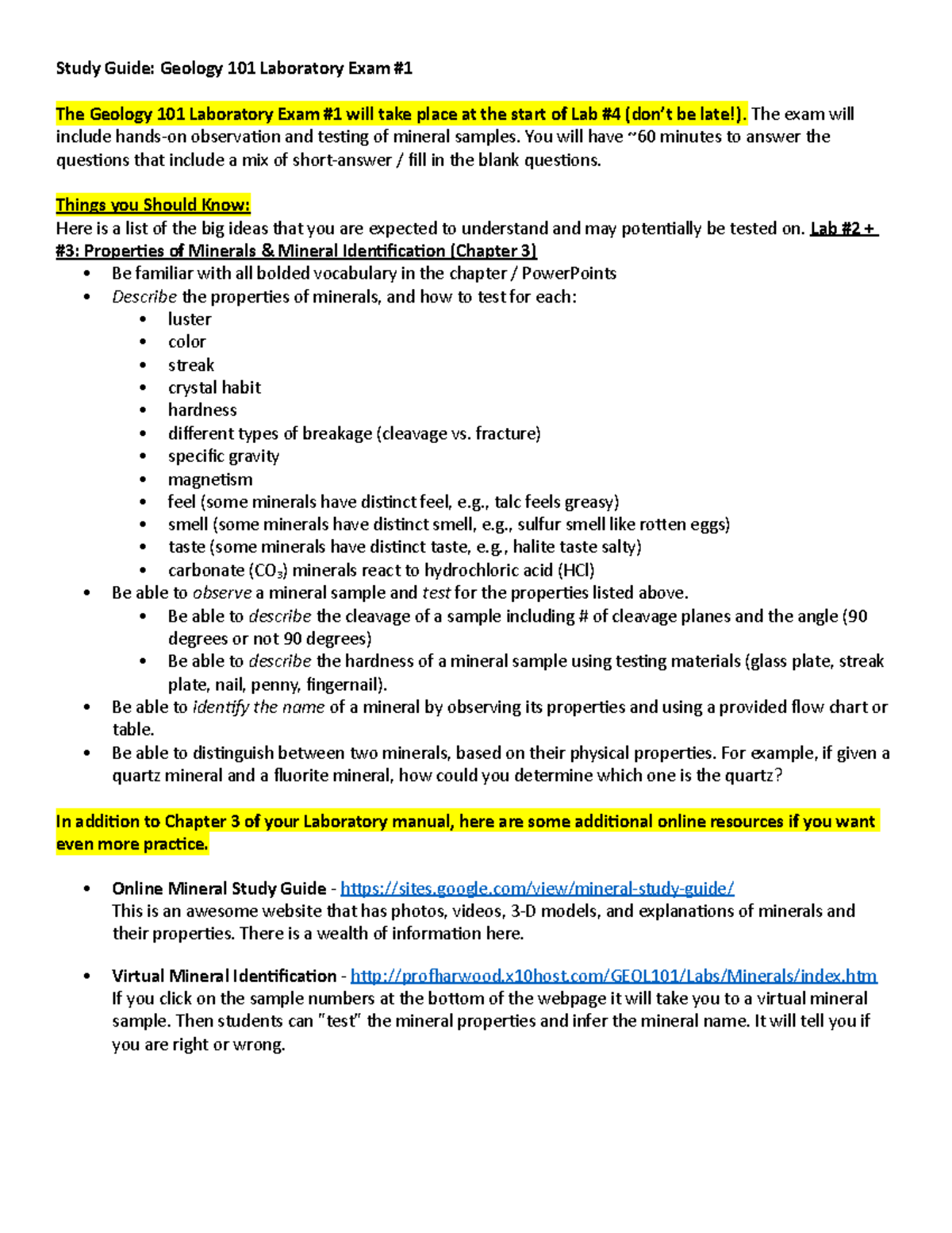 Geology 101 Exam1 Study Guide - Study Guide: Geology 101 Laboratory ...