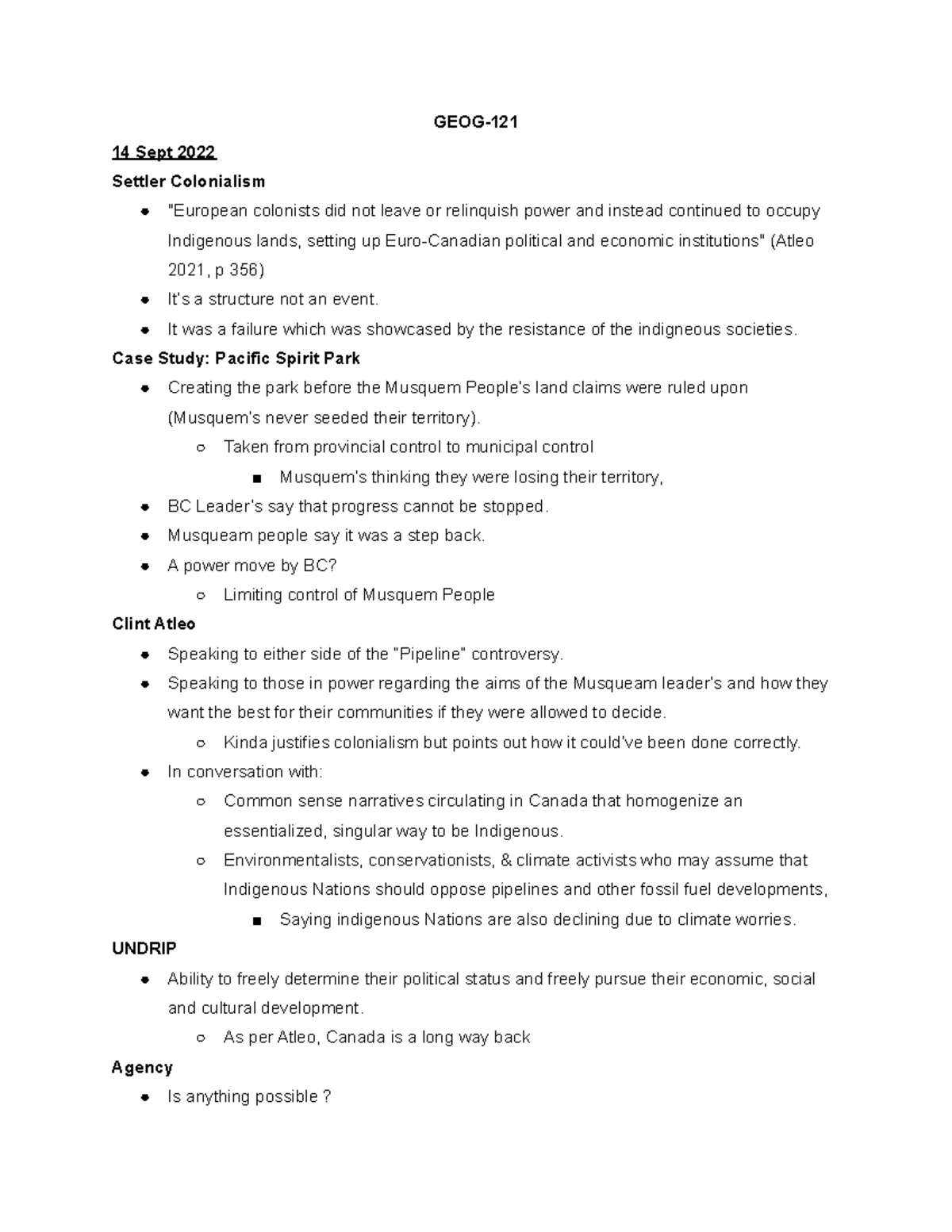 GEOG-121 - Geog notes - GEOG- 14 Sept 2022 Settler Colonialism ...