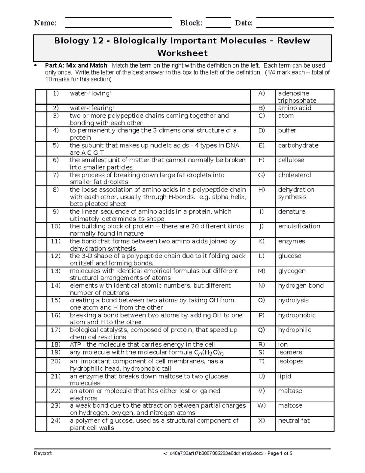 Biomolecules section review - Name: Block: Date: Biology 12 ...