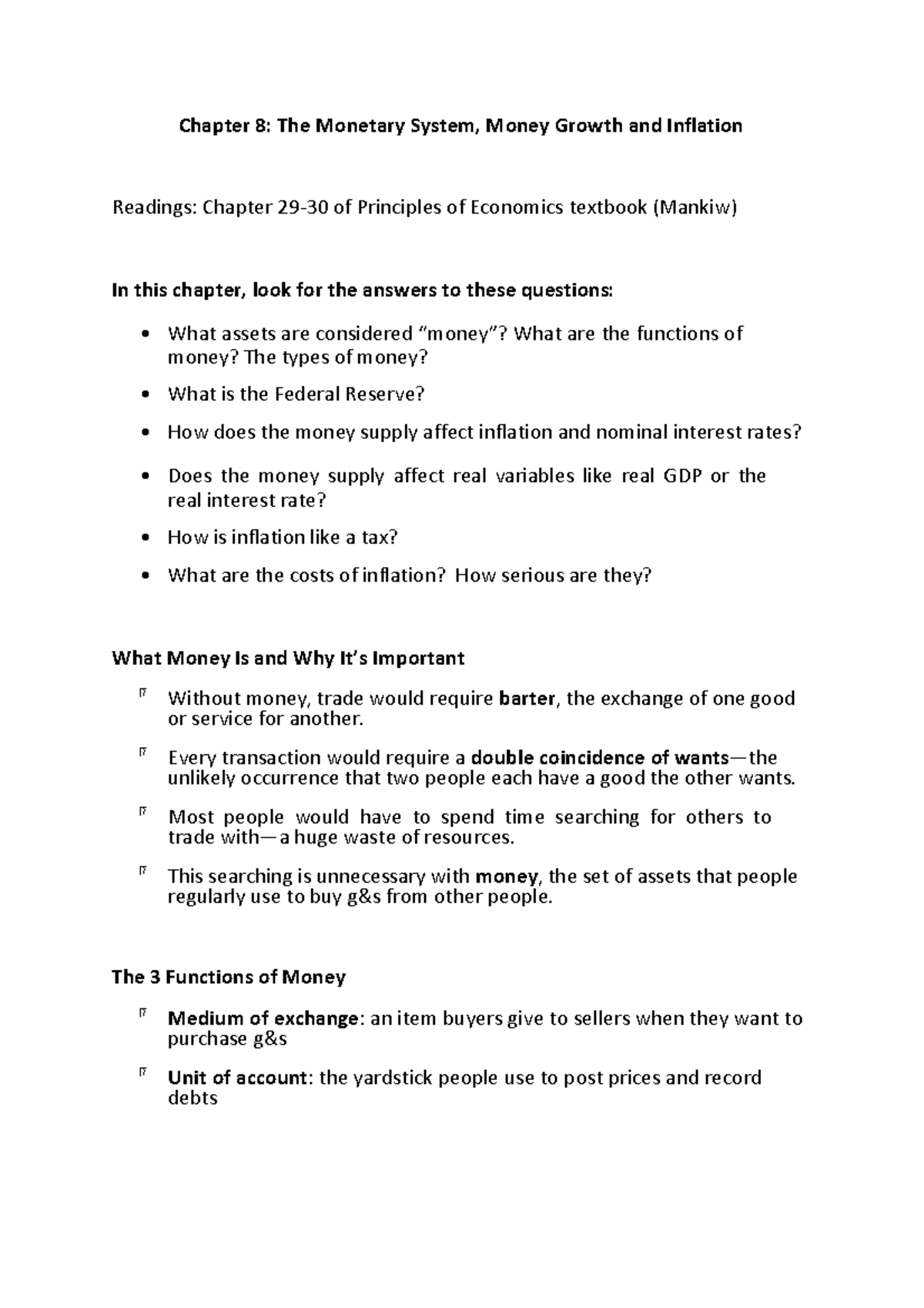 Chapter 8 Monentary System Handout Student - Chapter 8: The Monetary ...