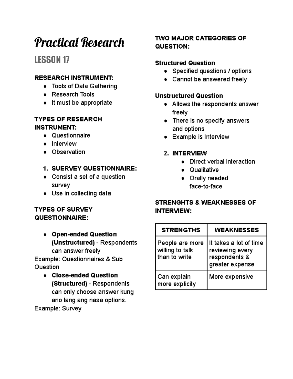 PR Reviewer - Reviewr - Practica Researc LESSON 17 RESEARCH INSTRUMENT ...