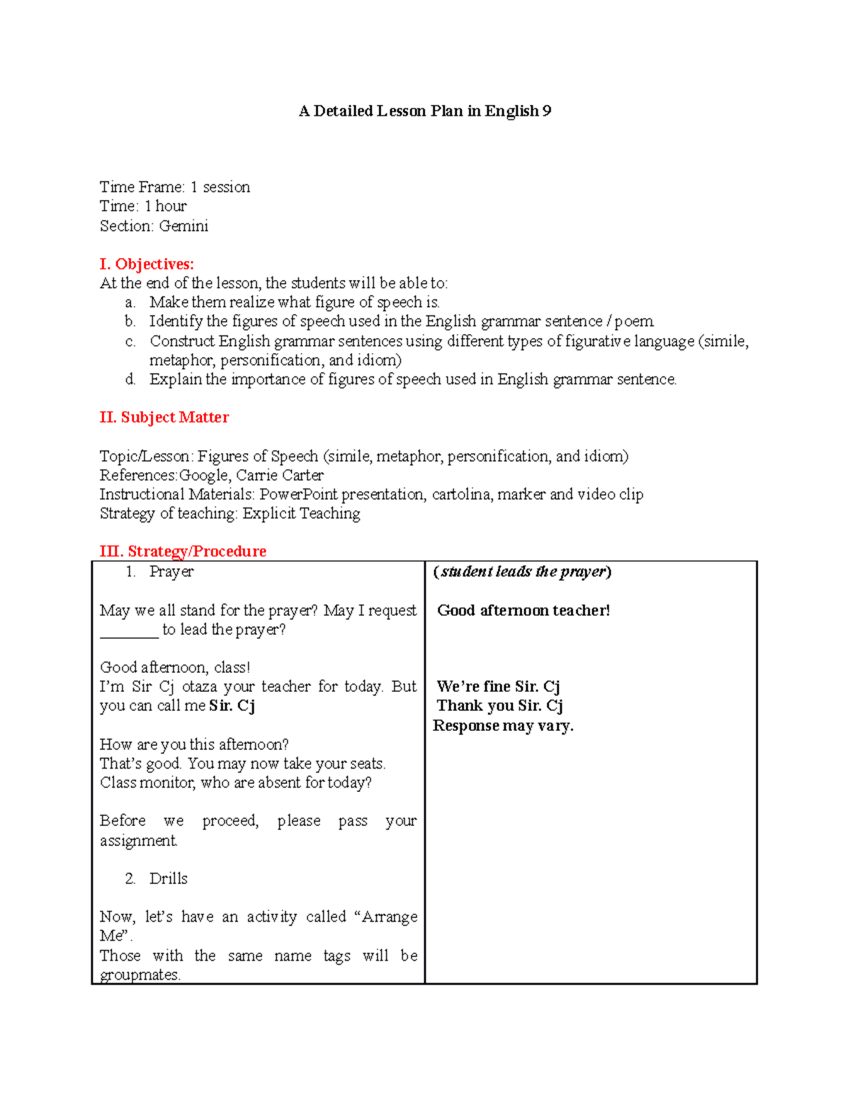A Detailed Lesson Plan In English Figure Of Speech A Detailed Lesson