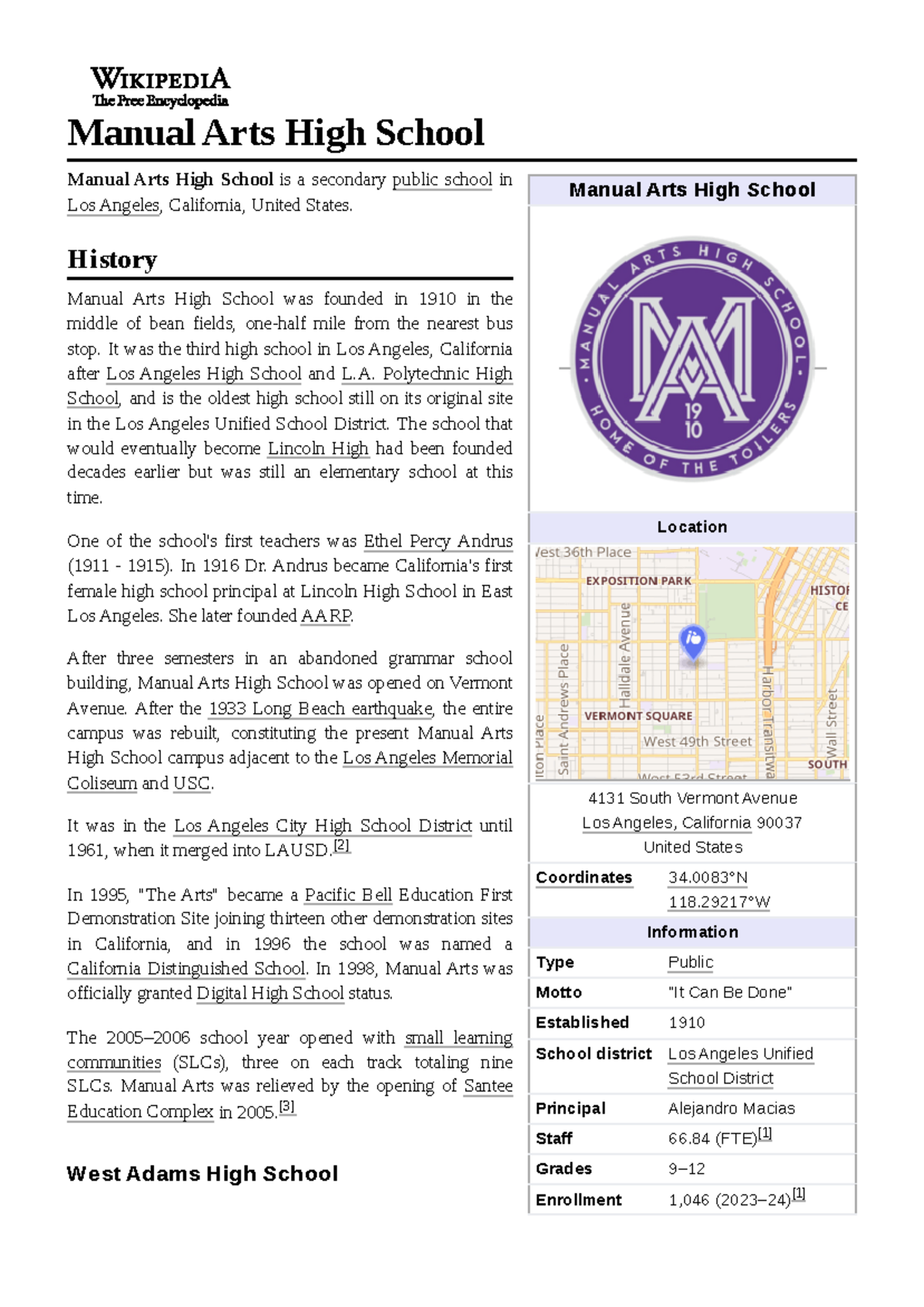 Manual Arts High School Manual Arts High School Location 4131 South