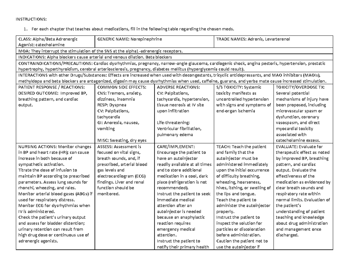 (Norepinephrine) - INSTRUCTIONS: For each chapter that teaches about ...