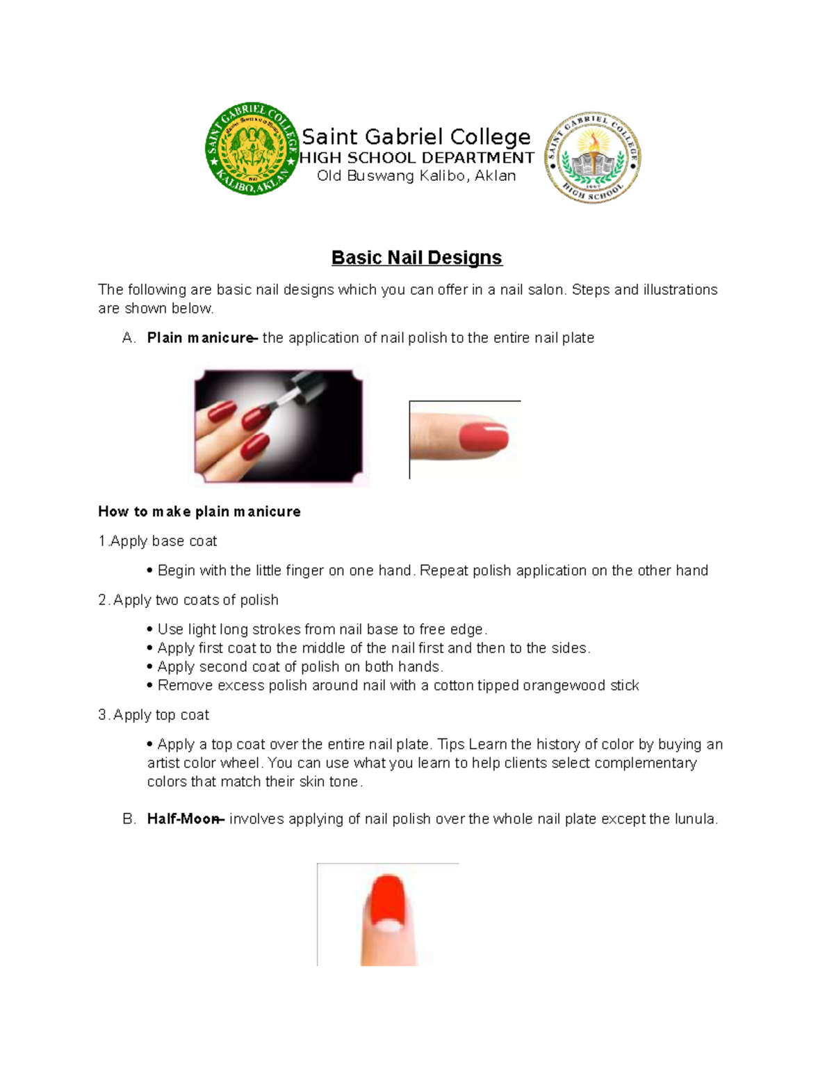 Basic Nail Designs notes Saint Gabriel College HIGH SCHOOL
