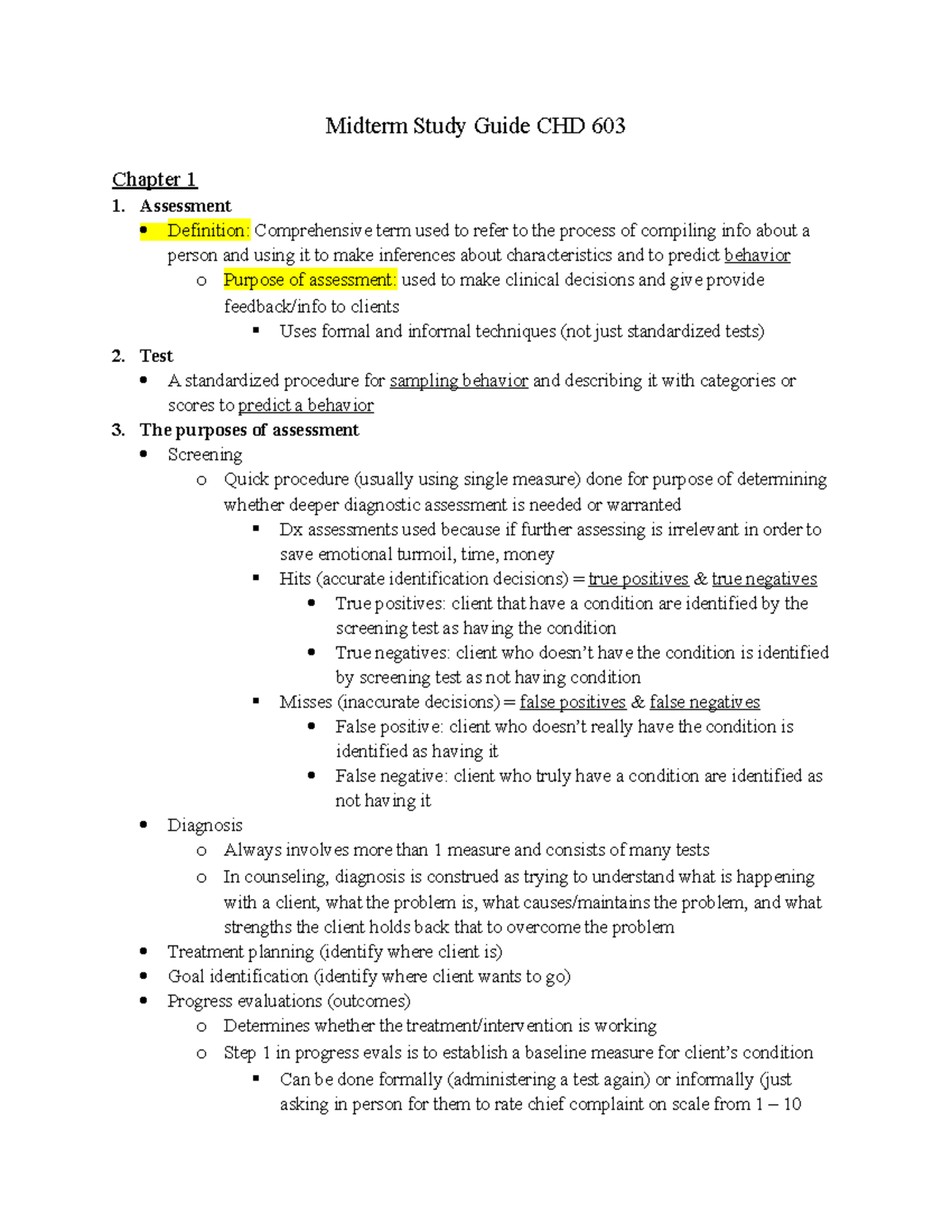 Midterm Study Guide for Psychological Screening, Testing, Assessments