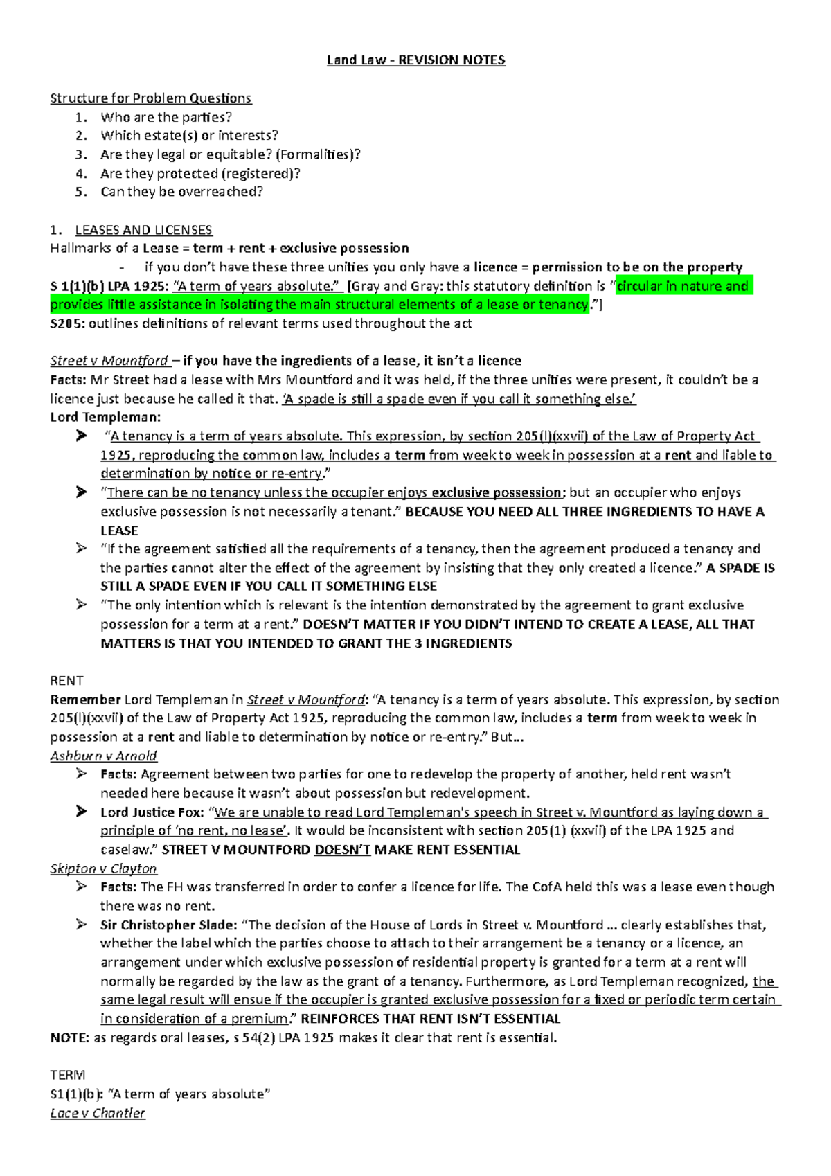 Land Law Revision Notes For Study Purpose And Practice - Land Law ...