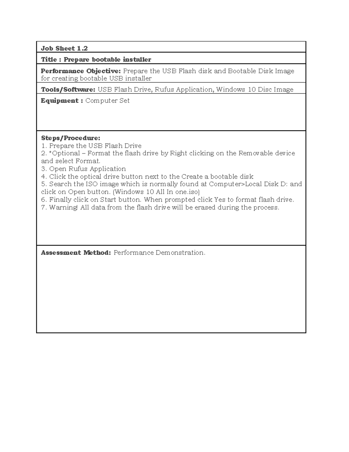 Job Sheet 1.1 Prepare Bootable Installer - Job Sheet 1. Title : Prepare ...