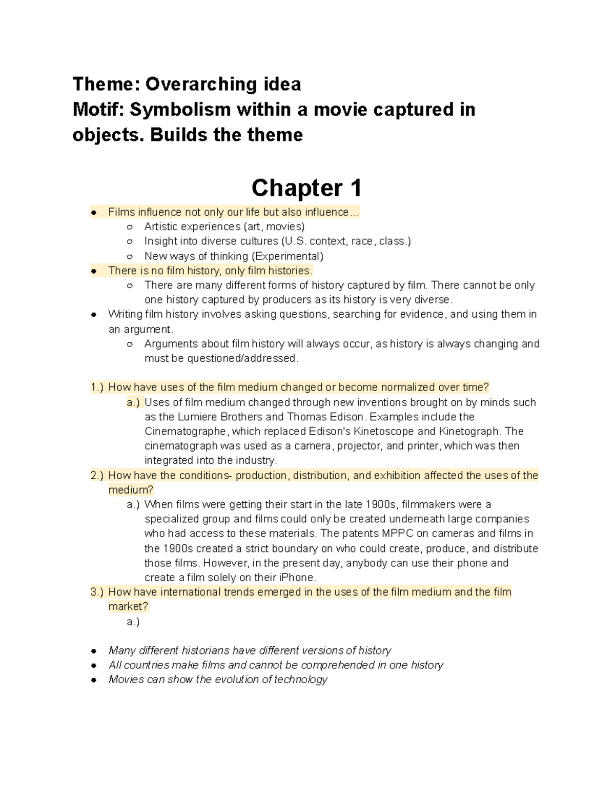 Copy Of Cinema Notes - Theme: Overarching Idea Motif: Symbolism Within ...