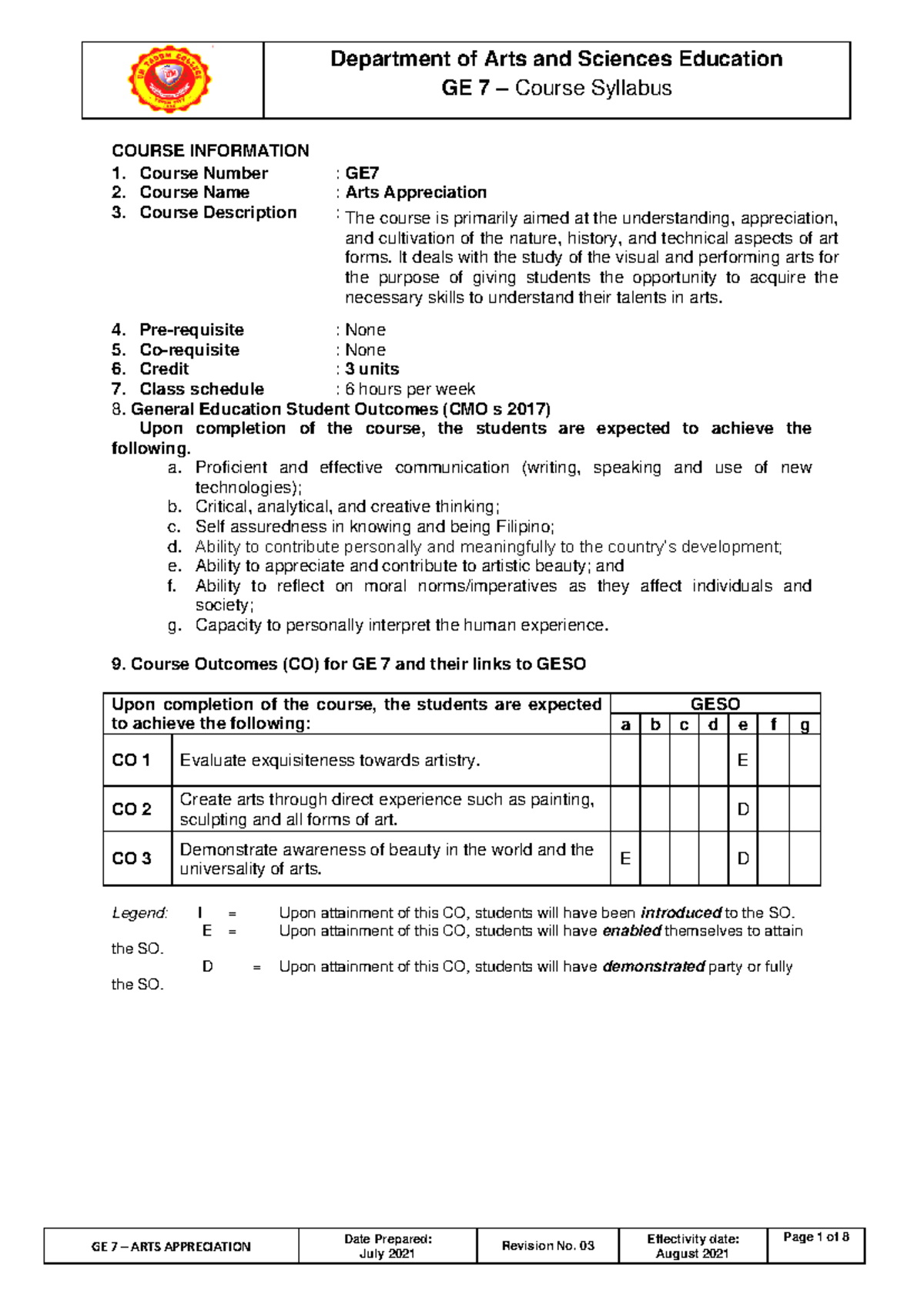 Syllabus - GE 7 – Course Syllabus Page 1 of 8 The course is primarily ...