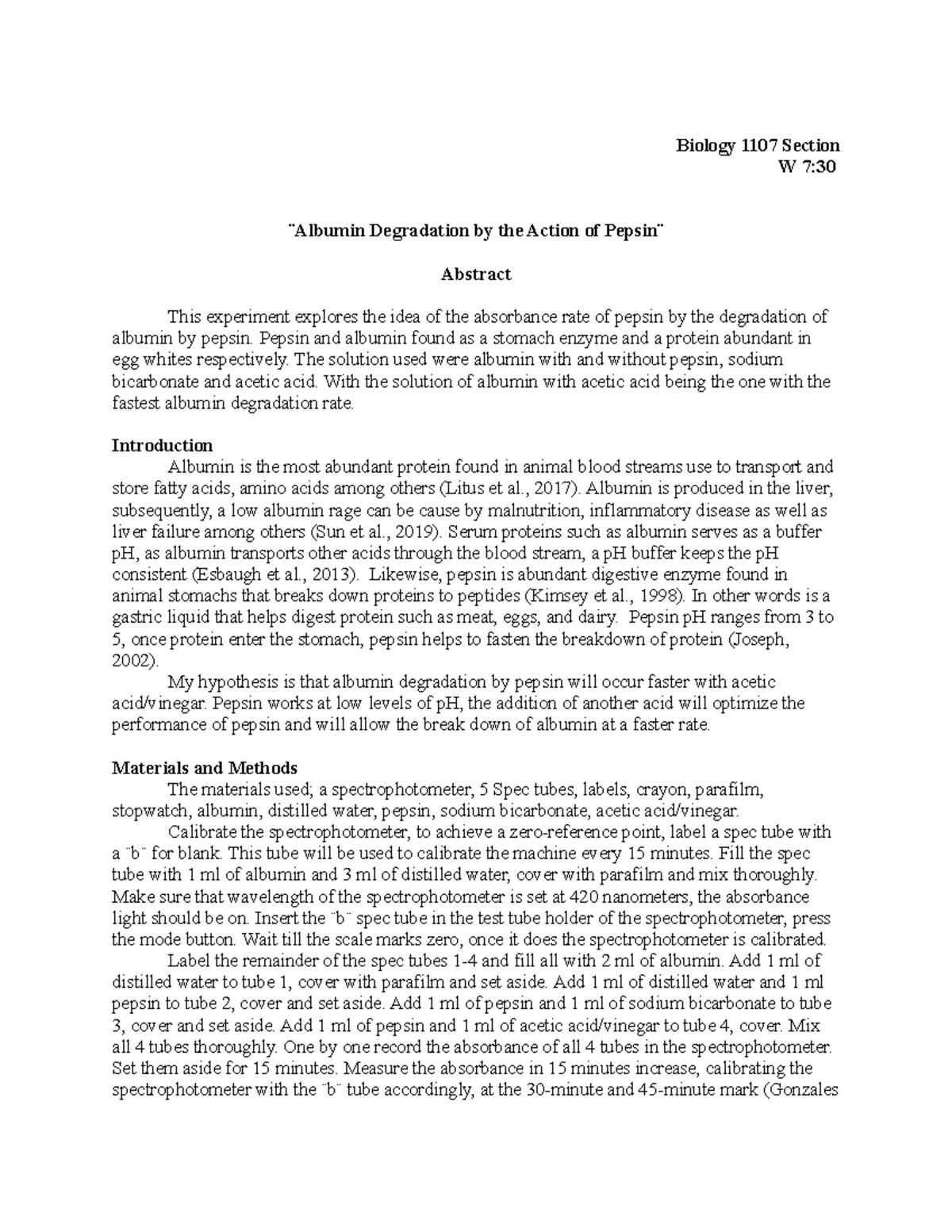 Enzyme Lab Report copy - essay - Biology 1107 Section W 7: ̈Albumin ...