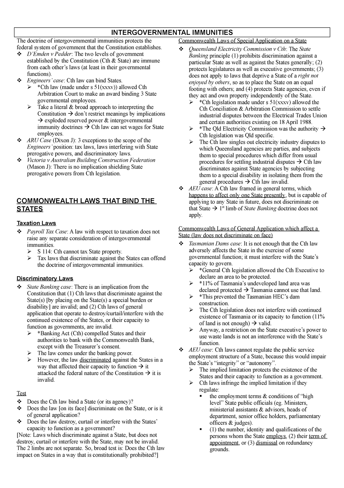 Constitutional Law 7a - Notes - INTERGOVERNMENTAL IMMUNITIES The ...