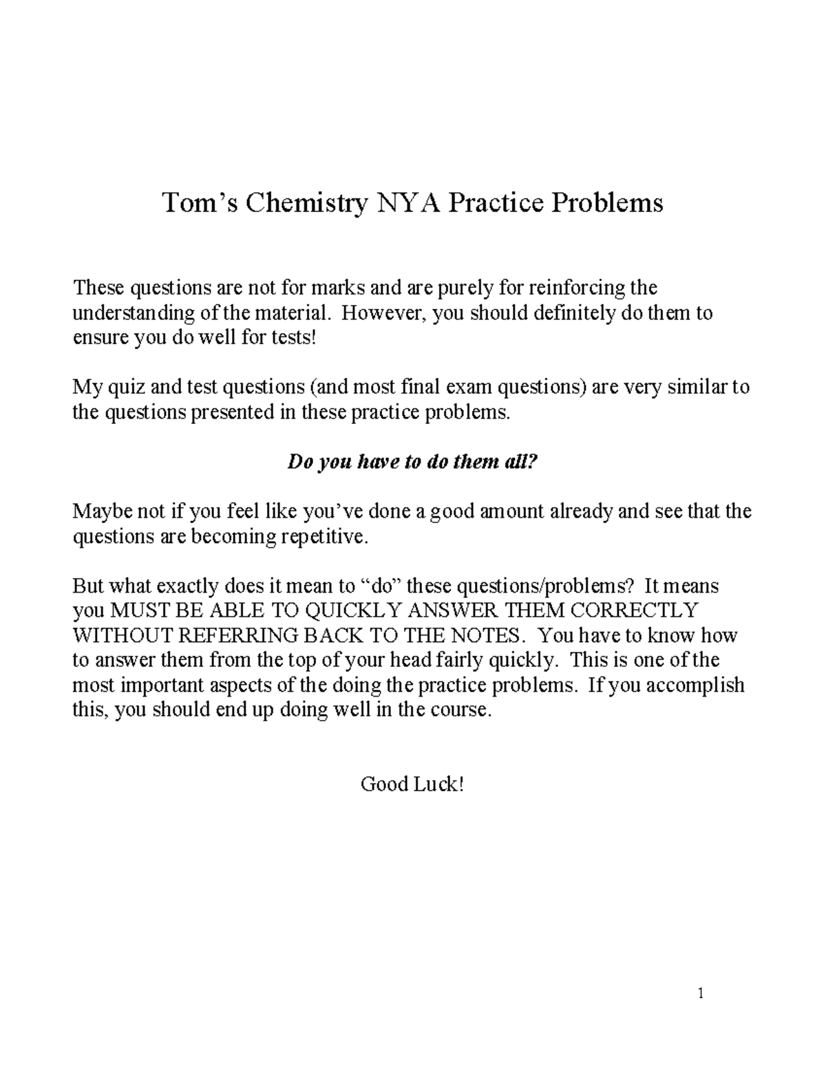 NYA Full Set of Practice Problems W2024 - Tom’s Chemistry NYA Practice ...
