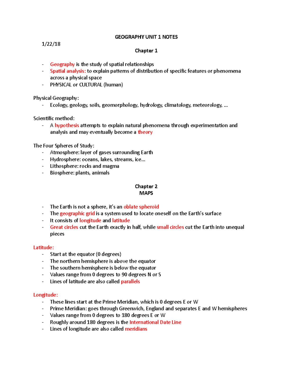 Geography UNIT 1 Notes TEST 1 GEOGRAPHY UNIT 1 NOTES 1/22/ Chapter 1