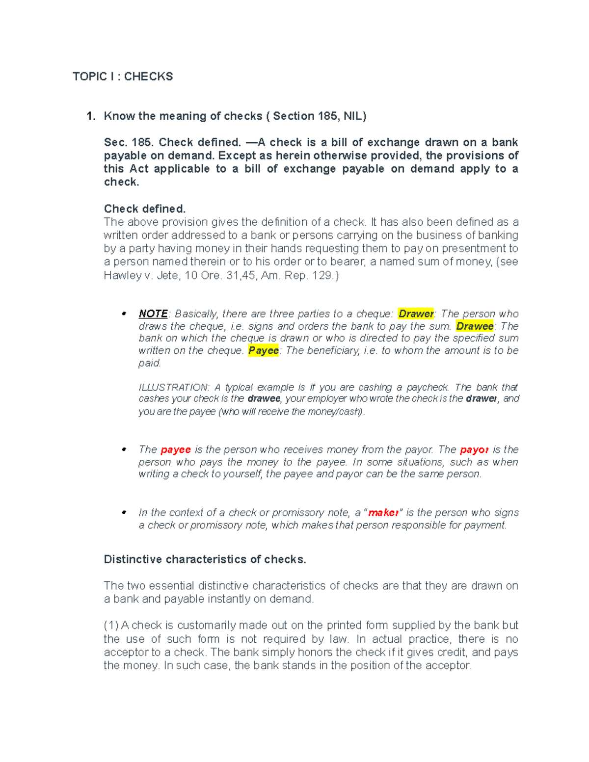 Rflib-Prelims - Law - TOPIC I : CHECKS 1. Know The Meaning Of Checks ...