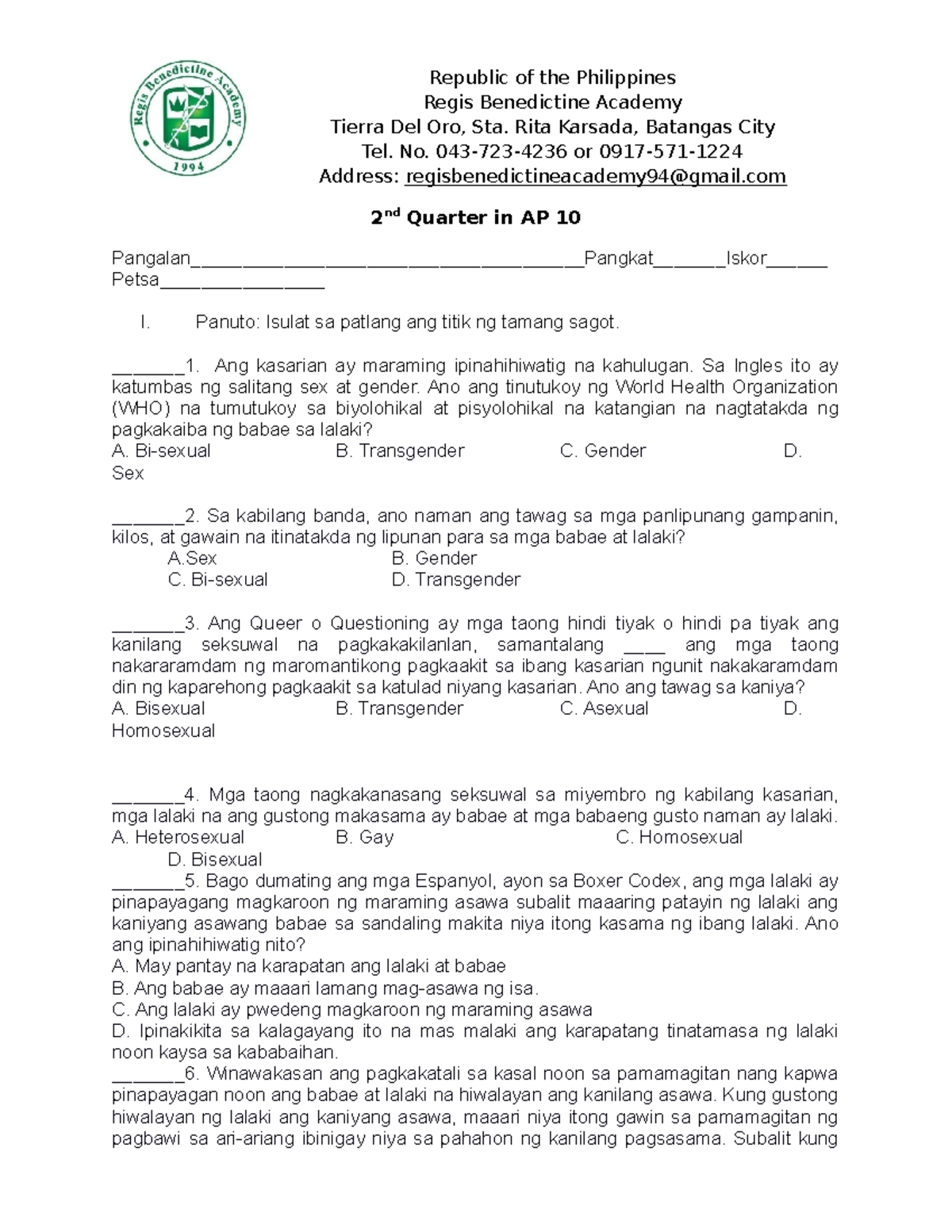 AP 10 EXAMINATION OR QUIZ FOR HIGHSCHOOL FIRST GRADING THANK YOU ...