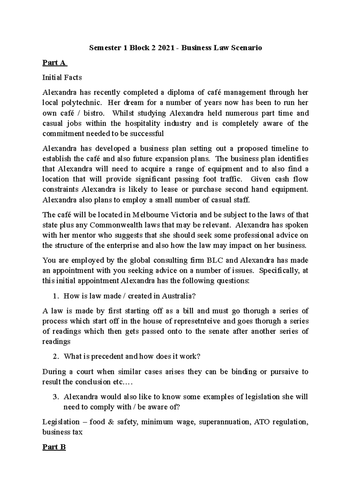 Business Law Case Study 2022 Semester 1 Block 2 2021 Business Law Scenario Part A Initial