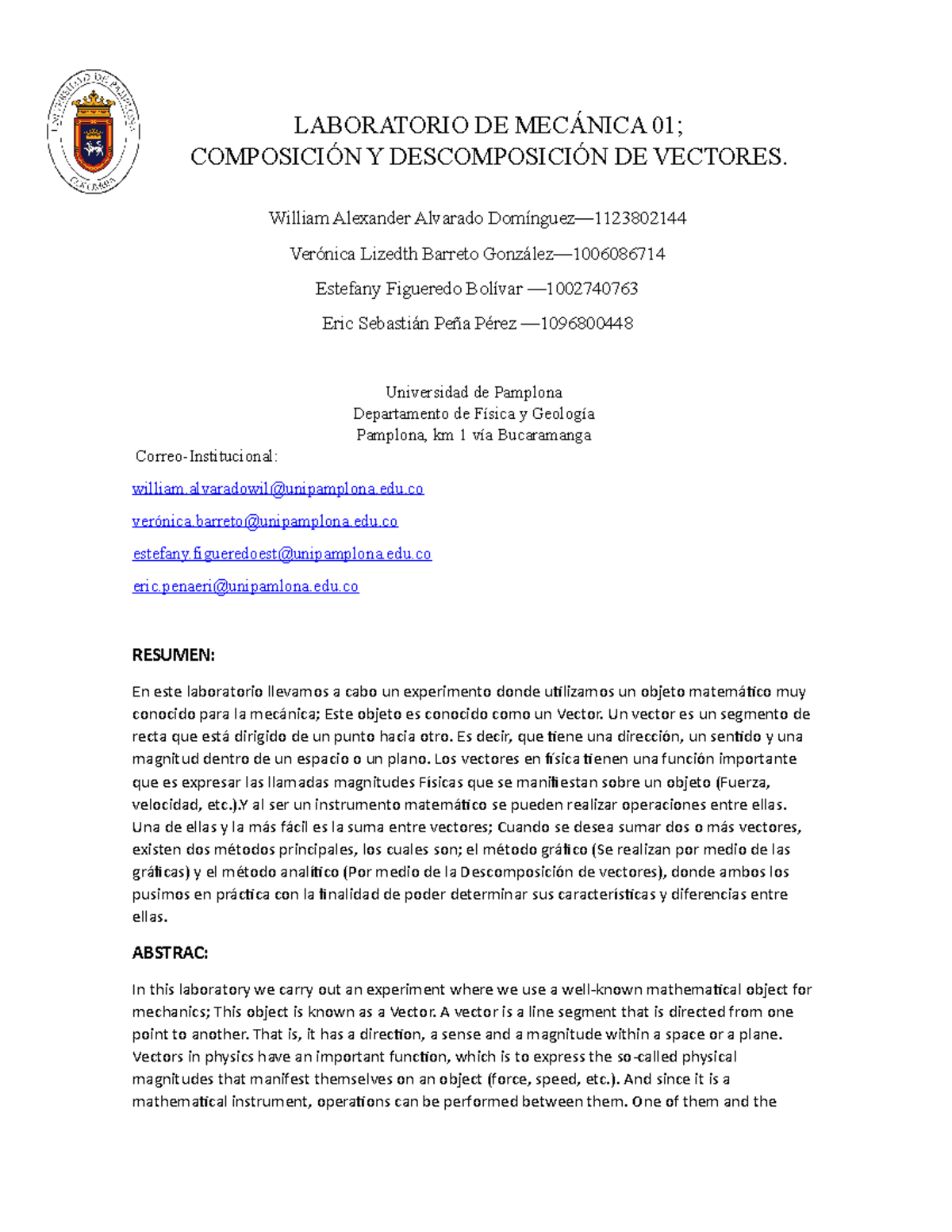 Informe 01 Compocion Y Descomposición De Vectores Laboratorio De