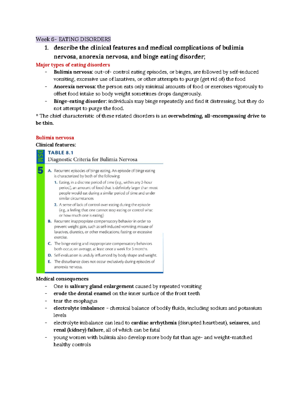 Week 6- Eating Disorders - Week 6- EATING DISORDERS 1. describe the ...