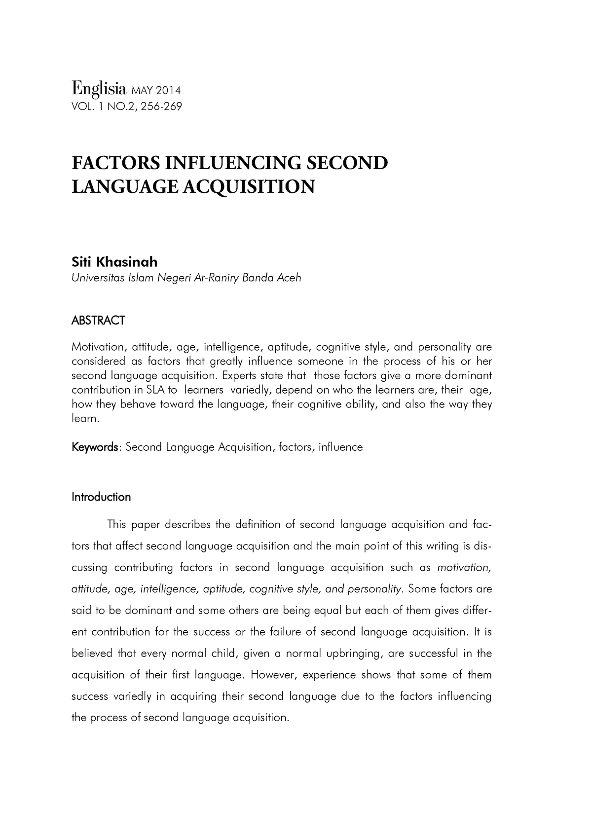 Factors Influencing Second Language Acquisition - Englisia MAY 2014 VOL ...