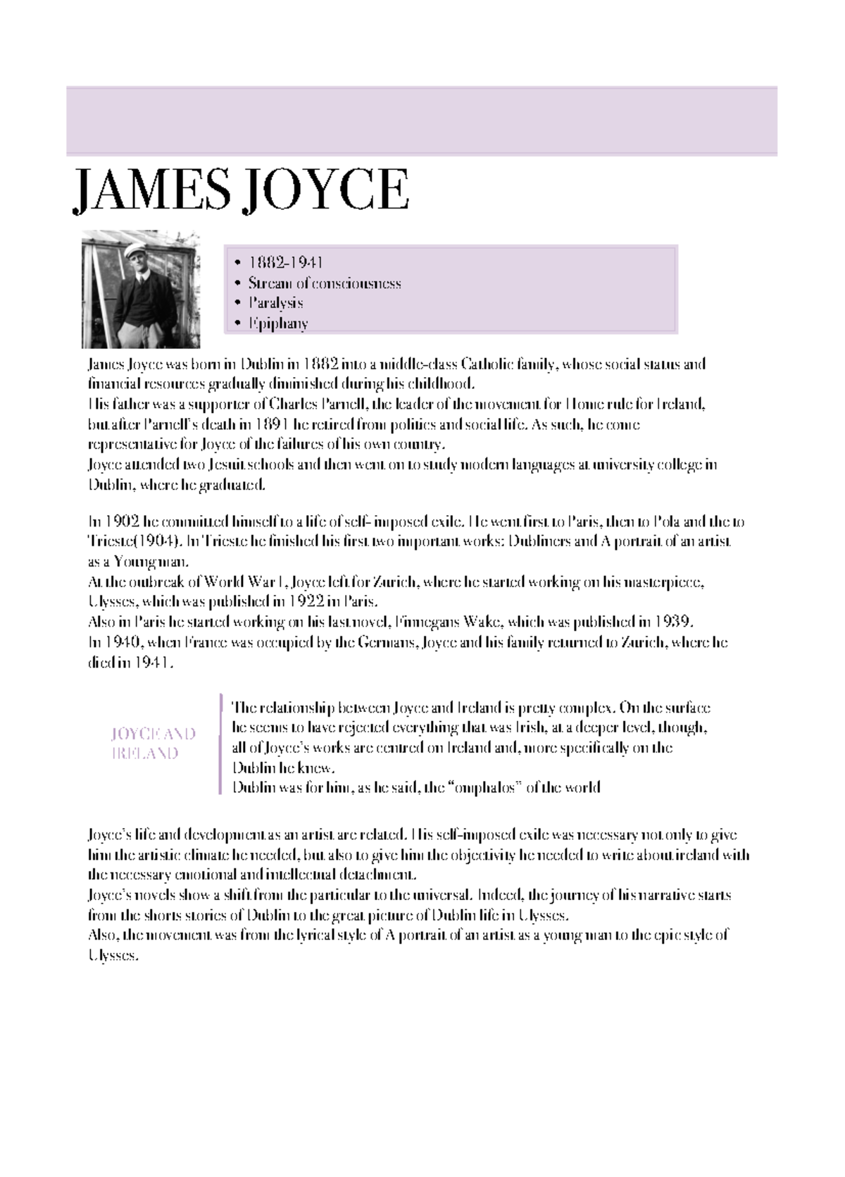 James Joyce JAMES JOYCE • 1882 Stream of consciousness Paralysis