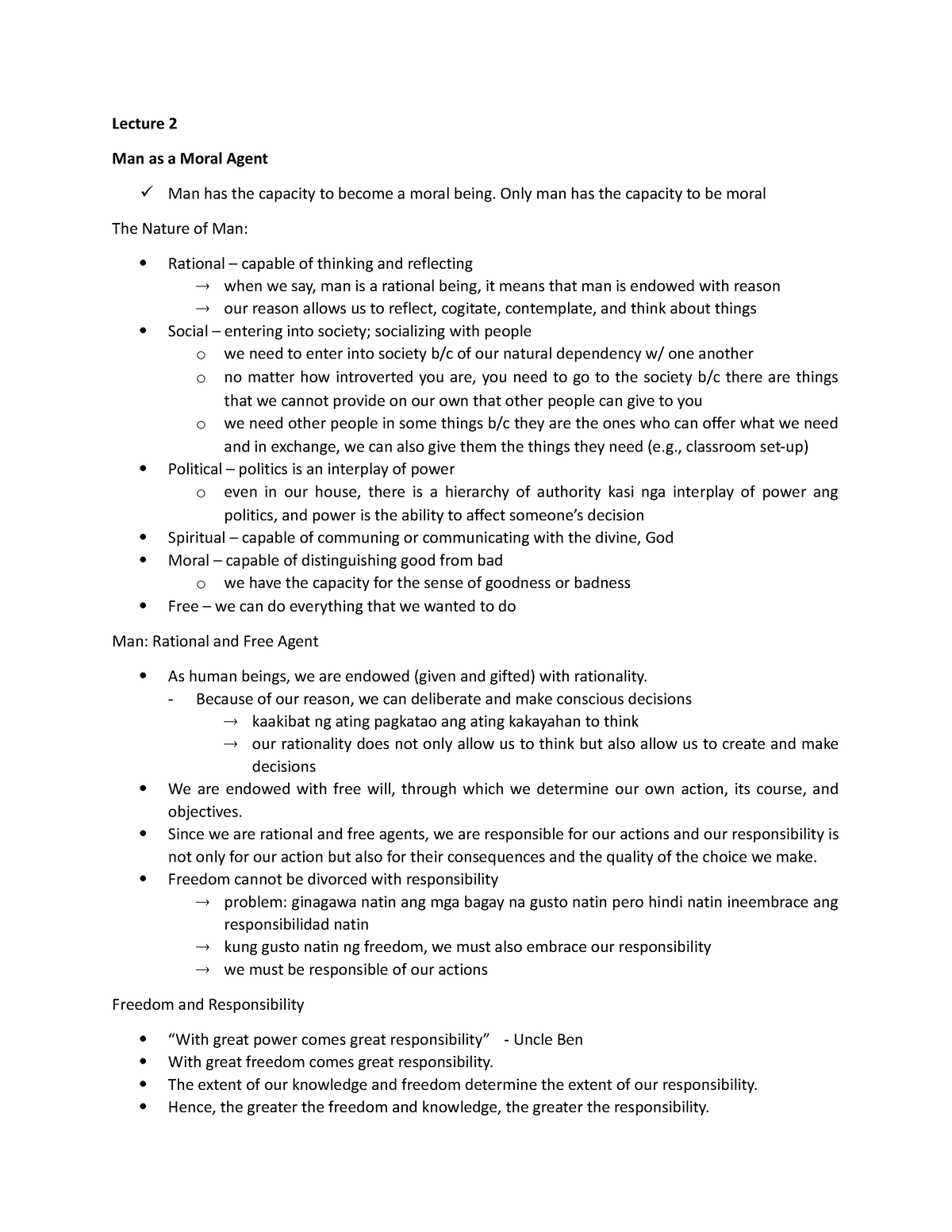 Notes 2 Man as a Moral Agent - Lecture 2 Man as a Moral Agent Man has ...