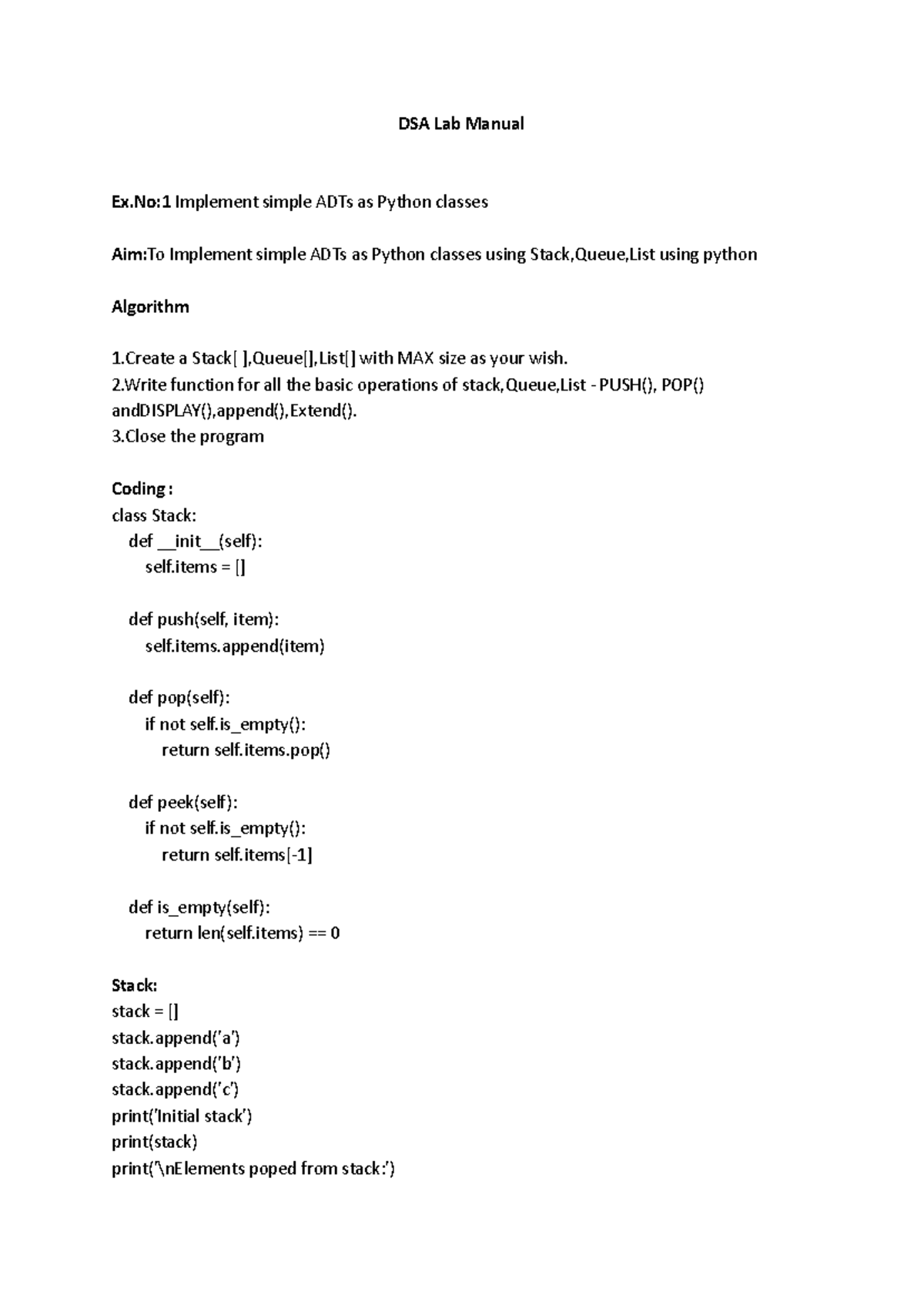 DAS Lab Manual-ex1-3 - asdf - DSA Lab Manual Ex:1 Implement simple ADTs ...
