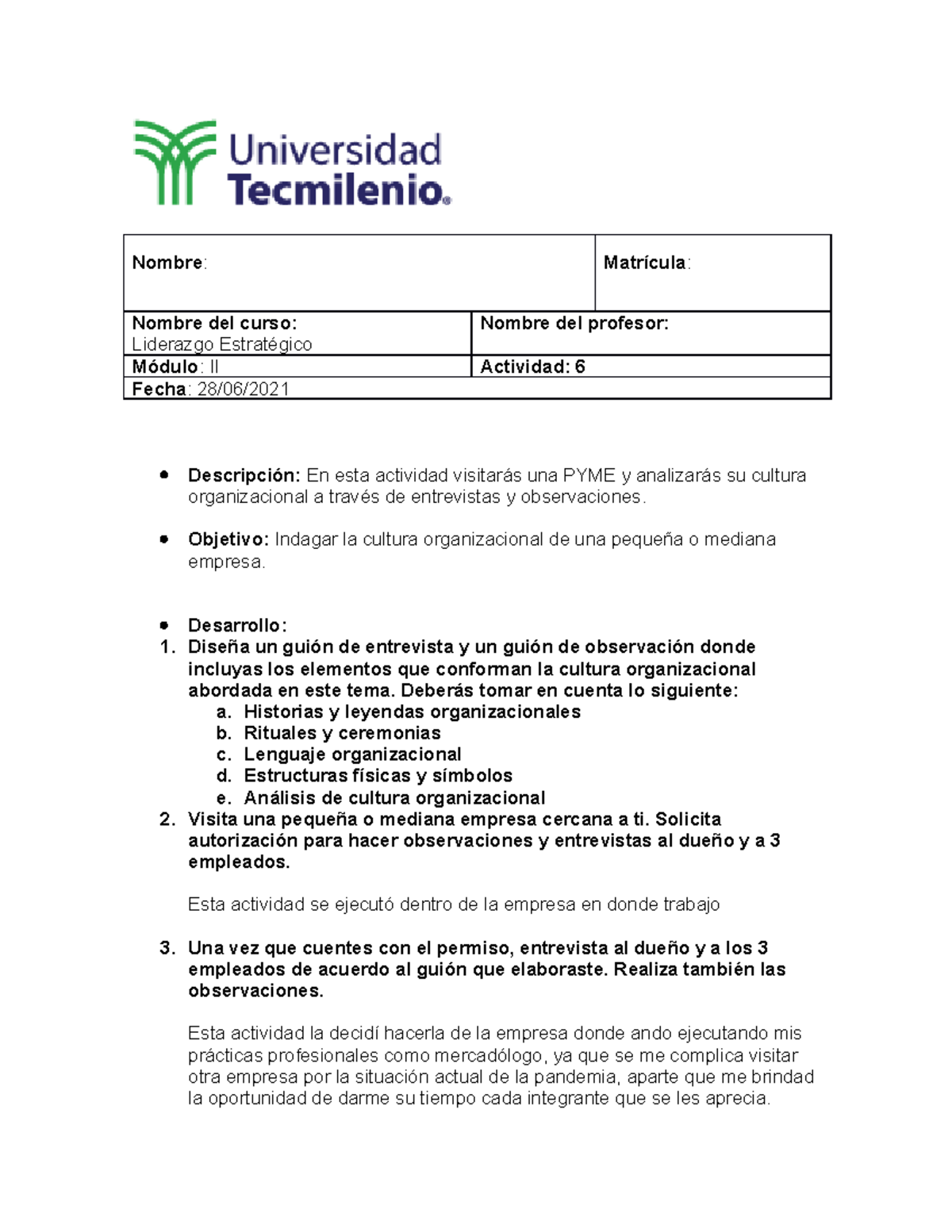 Actividad 5 - Nombre: Matrícula: Nombre del curso: Liderazgo ...