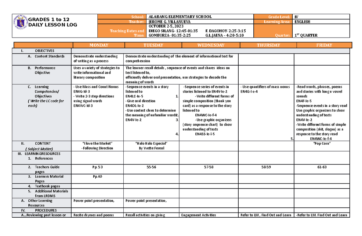 DLL English 4 Q1 W5 - daily lesson log for teachers - GRADES 1 to 12 ...