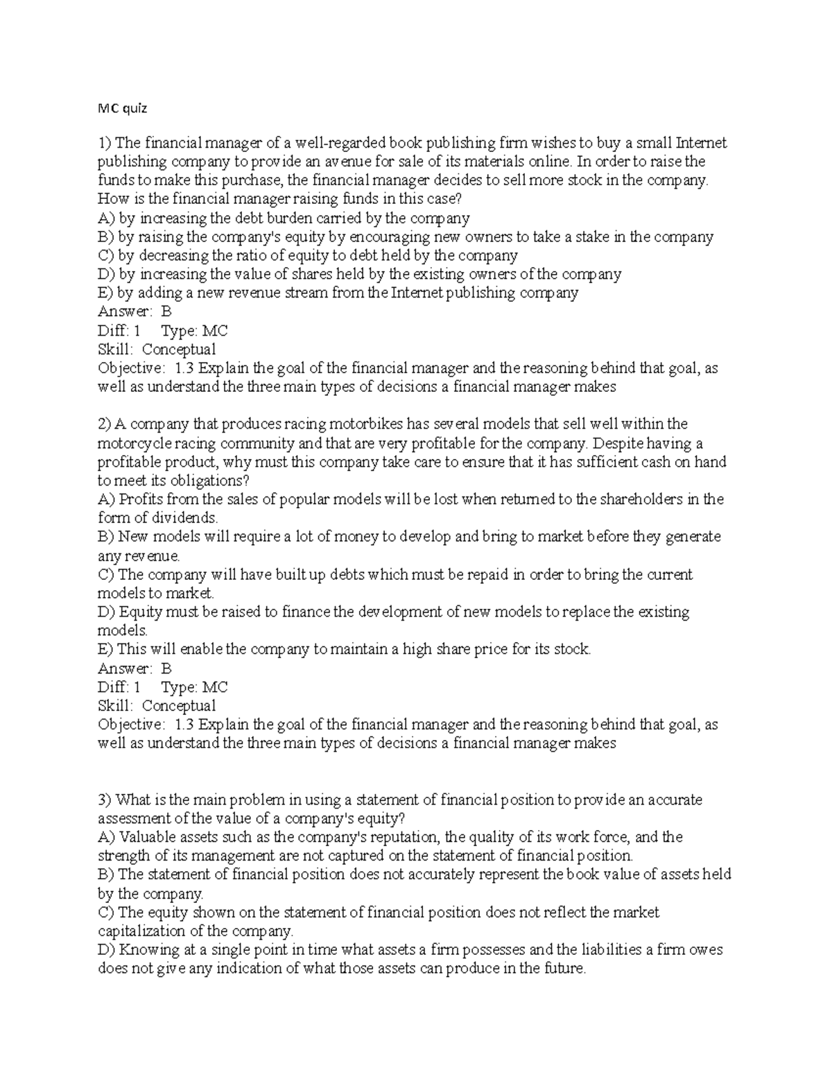 Chapter 1-3 Practice Quiz With Answers - MC Quiz The Financial Manager ...