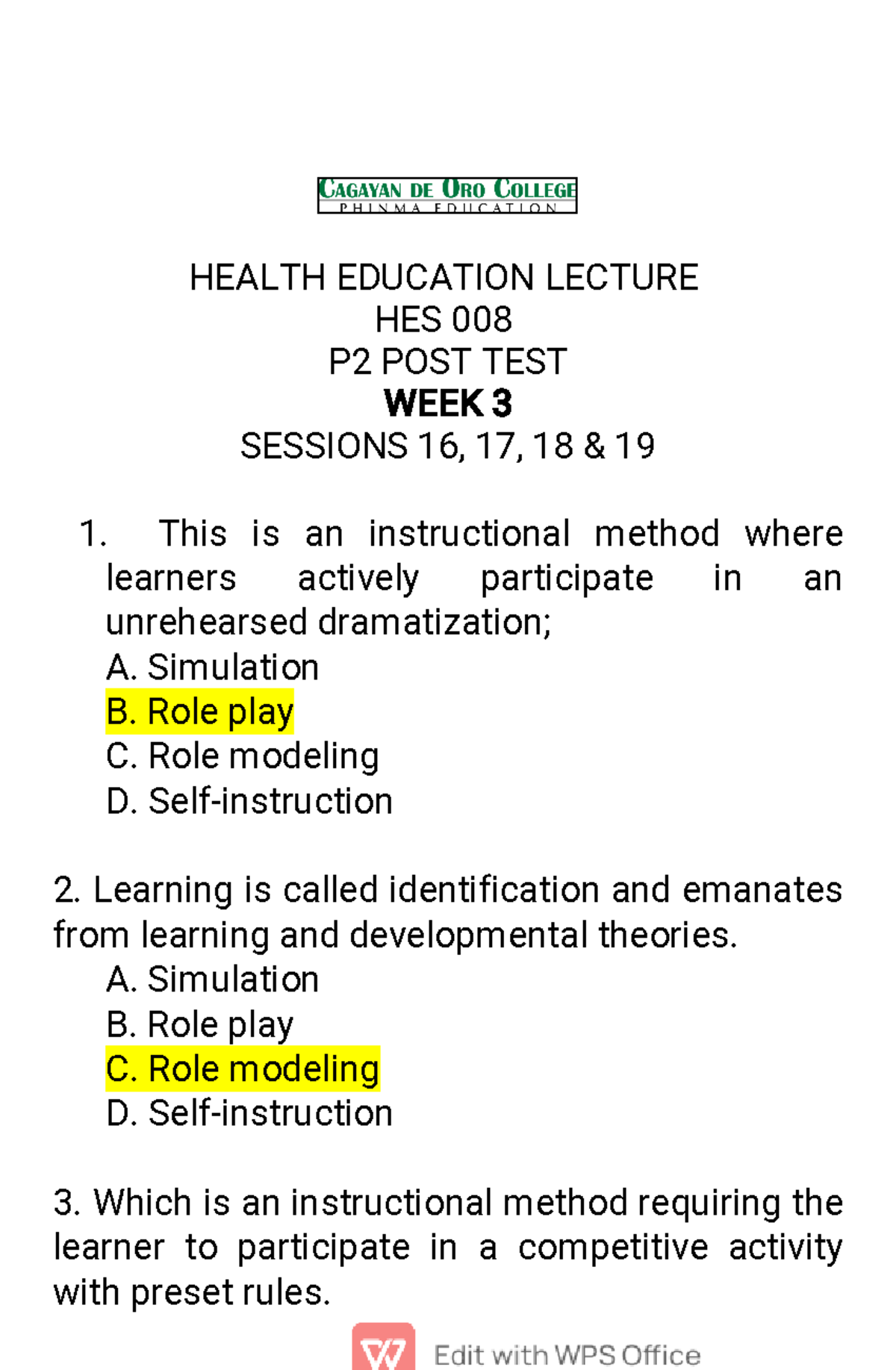 HES 008 P2WK3 POST TEST Ans. Key HEALTH EDUCATION LECTURE HES 008 P2